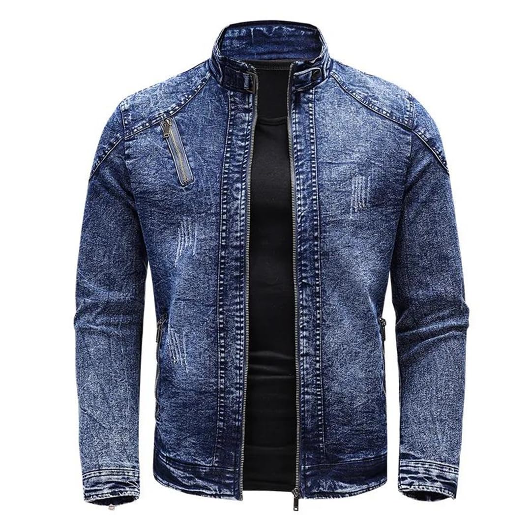 Mężczyźni Retro Zamki Stojący Kołnierz Slim Fit Moto Biker Odzież Wierzchnia Motocykl Kurtka Dżinsowa