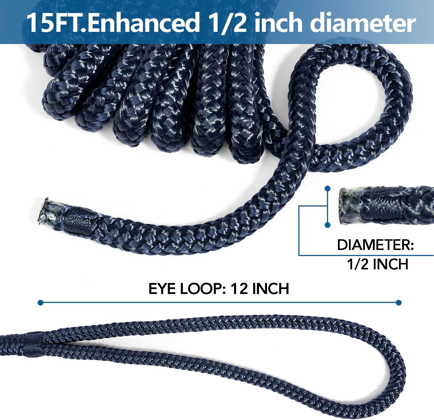 1/2” x 15' Marine-Grade Double-Braided Nylon Dock Line with 12” Eyelet.Hi-Performance Boat Rope Mooring Rope Dock Line (2 Pack, Navy Blue) - Image 3