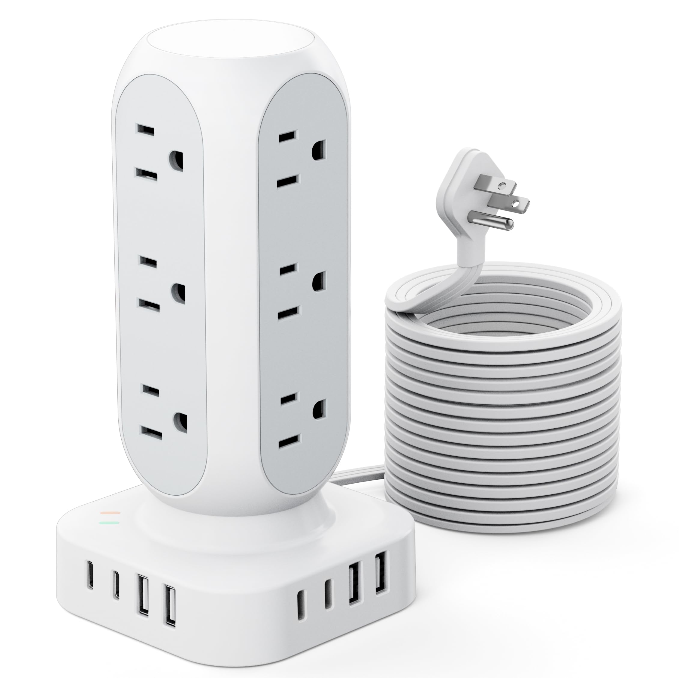 Tower Surge Protector Power Strip, 10FT Extension Cord with Multiple Outlets, Flat Plug Outlet Extender with 12 AC Outlets & 8 USB Ports, 24W Total Charging Station for Home Office Dorm Room