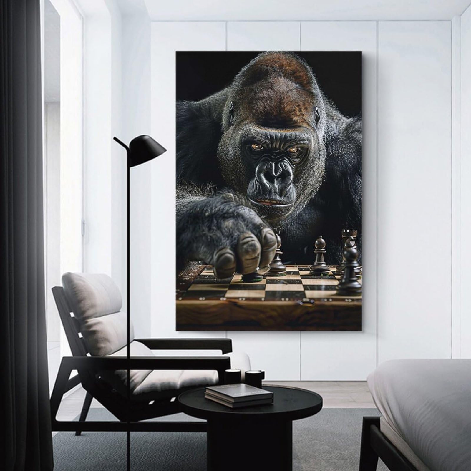 Junmoney Gorilla Chess Wall Picture Print 24x36inch(60x90cm), for Corridors, Hallways Or Apartment Entries, Decorative Canvas Styling for Entry Areas