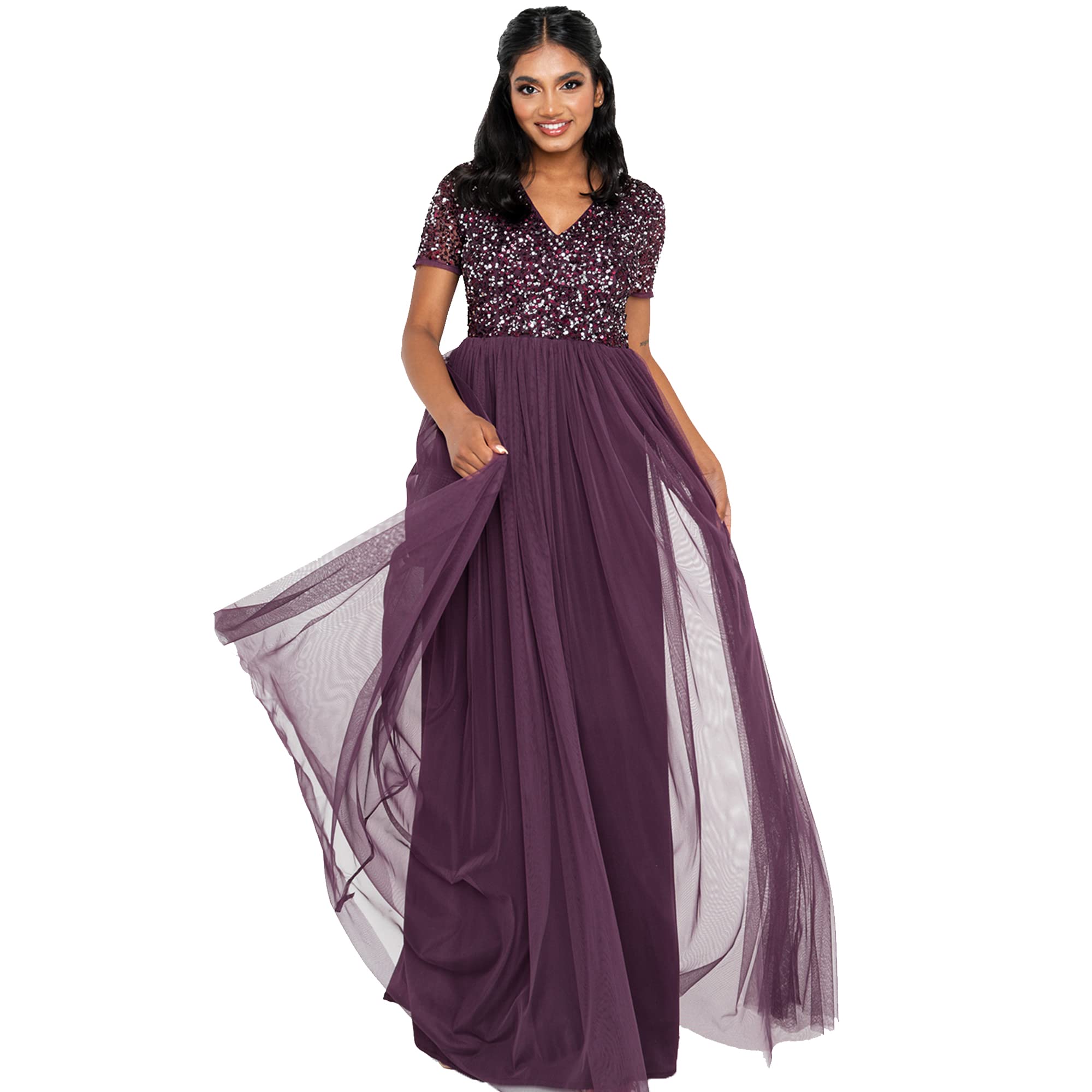 Maya Deluxe Abendkleid mit Pailletten Cocktailkleid Damen mit V-Ausschnitt Tüllkleid