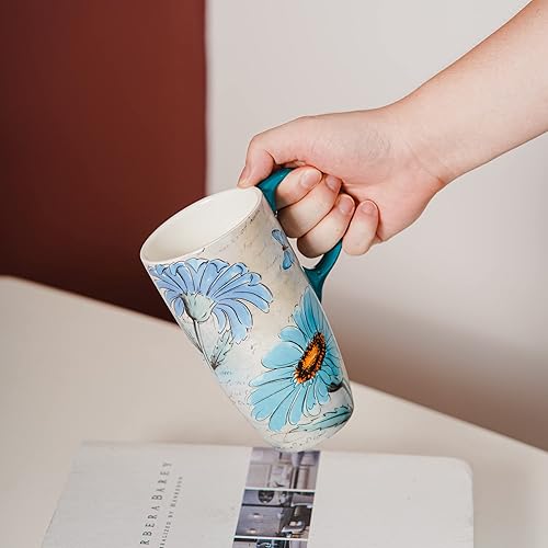 Miniatura 9 de Taza de café de viaje de cerámica con tapa y asa para el hogar y la oficina, taza de té alta de porcelana de 17 onzas con caja de color, flor de