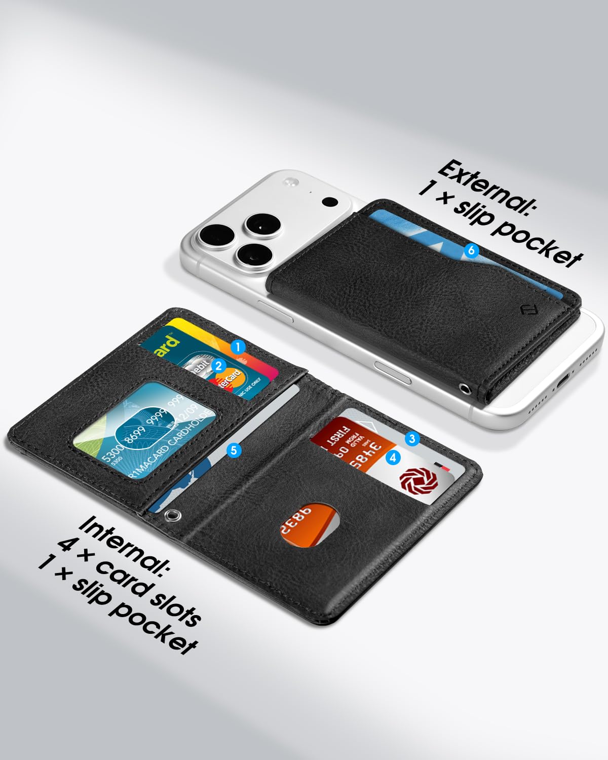 CASEBOT für MagSafe Wallet mit starkem Magnet & RFID-Schutz, schlanke Kartenhalterung aus PU-Leder für iPhone 17/16/15/14/13/12 Pro/Max/Plus, abnehmbares Klappetui für Damen und Herren, Schwarz