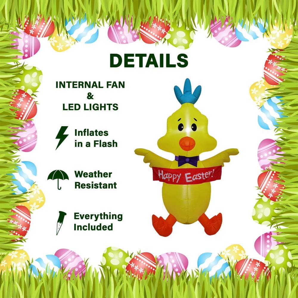 5-Ft. Tall Chick Holding a Happy Easter Banner, Outdoor/Indoor Blow Up Spring Inflatable with Lights