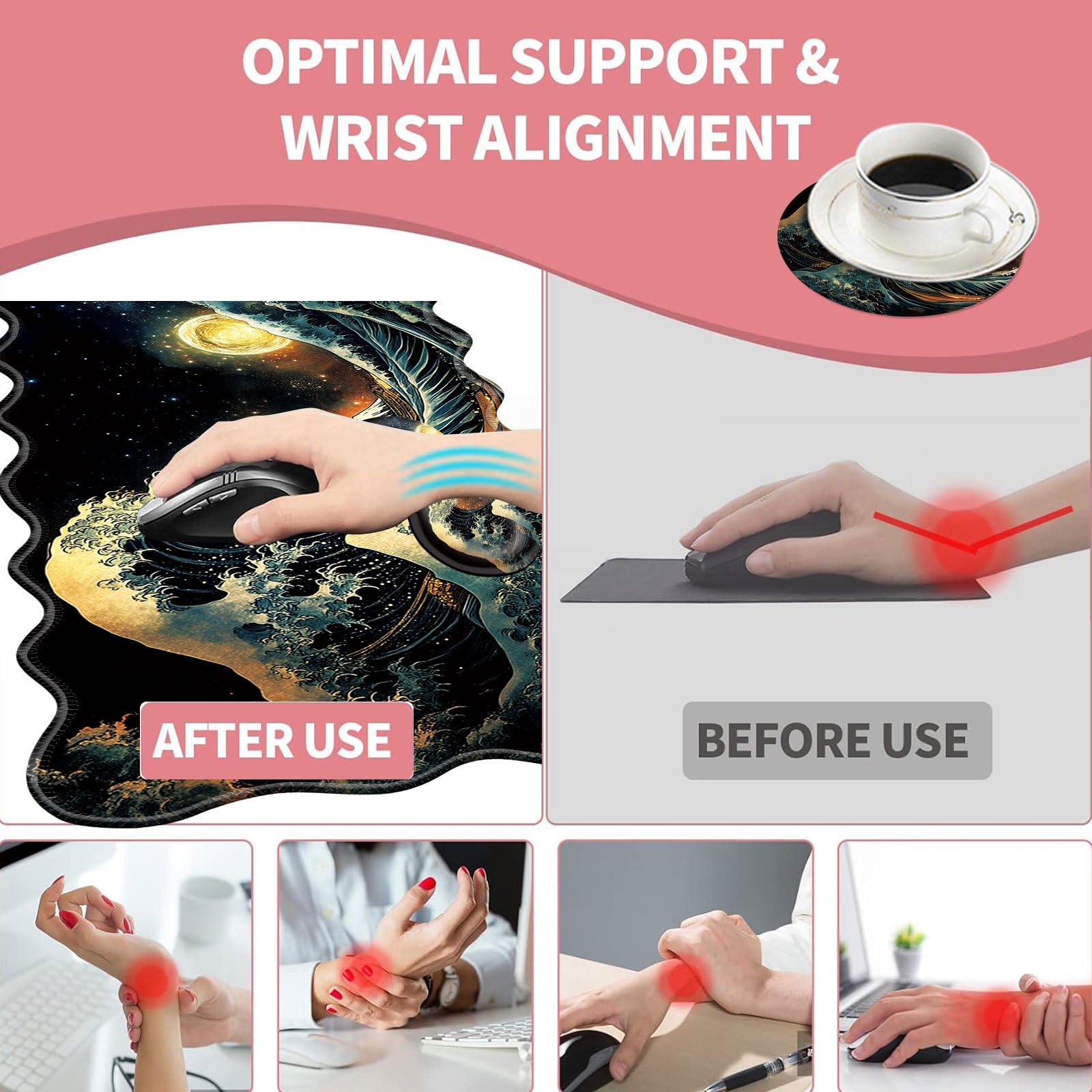 Alfombrilla de mouse grande para juegos, almohadilla reposamuñecas para teclado y soporte de muñeca, borde cosido, base extendida, antideslizante, alfombrilla de escritorio de espuma