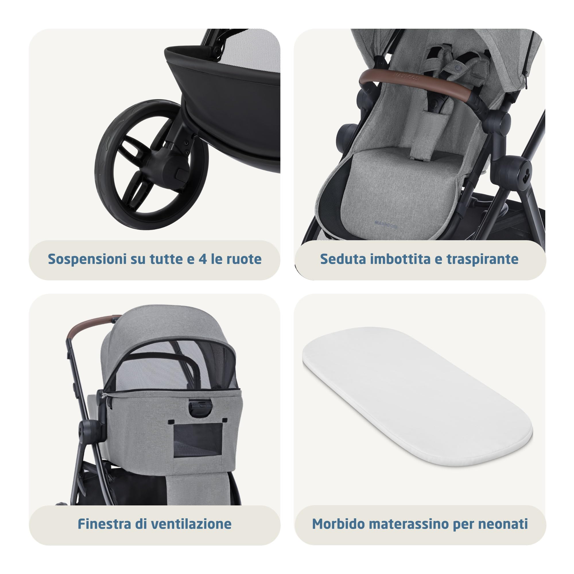 Maxi Cosi Zelia Select+, Passeggino Trio Con Seggiolino Auto, 0-4 anni (0-22 kg), Passeggino Neonato Con Chiusura Compatta a Una Mano, Navicella Reversibile, Seggiolino Auto CabrioFix S i-Size, Grigio