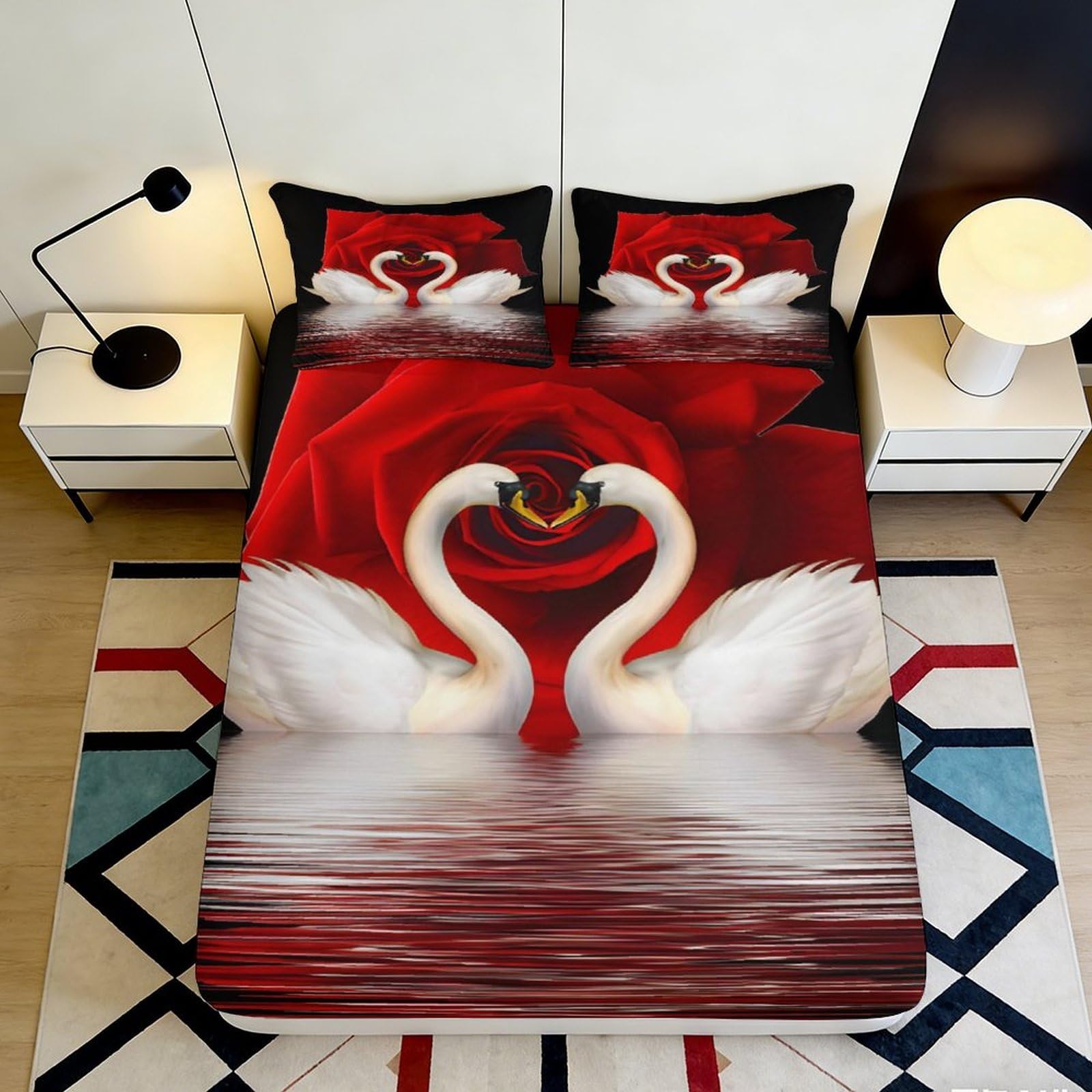 3D Printed Swan Rose Fitted Sheet Microfiber Deep Pocket Non-Slip Bedroom Bedding Swan Mattress Fitted Cover Washable Wrap 90x200x25cm