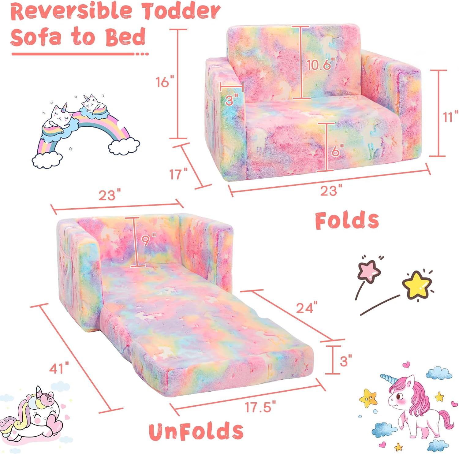 inhand Toddler Chair Comfy,2-in-1 Soft Toddler Couch Fold Out for Kids,Convertible Sofa to Lounger,Gift for Girls and Boys 1-8 Birthday,Unicorn,Medium - Image 2