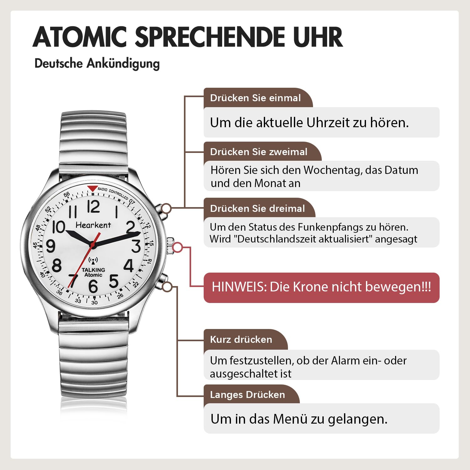 Hearkent Orologio parlante da donna per anziani ciechi con disabilità visiva, voce forte e chiara, parla tedesco, argento, Bracciale