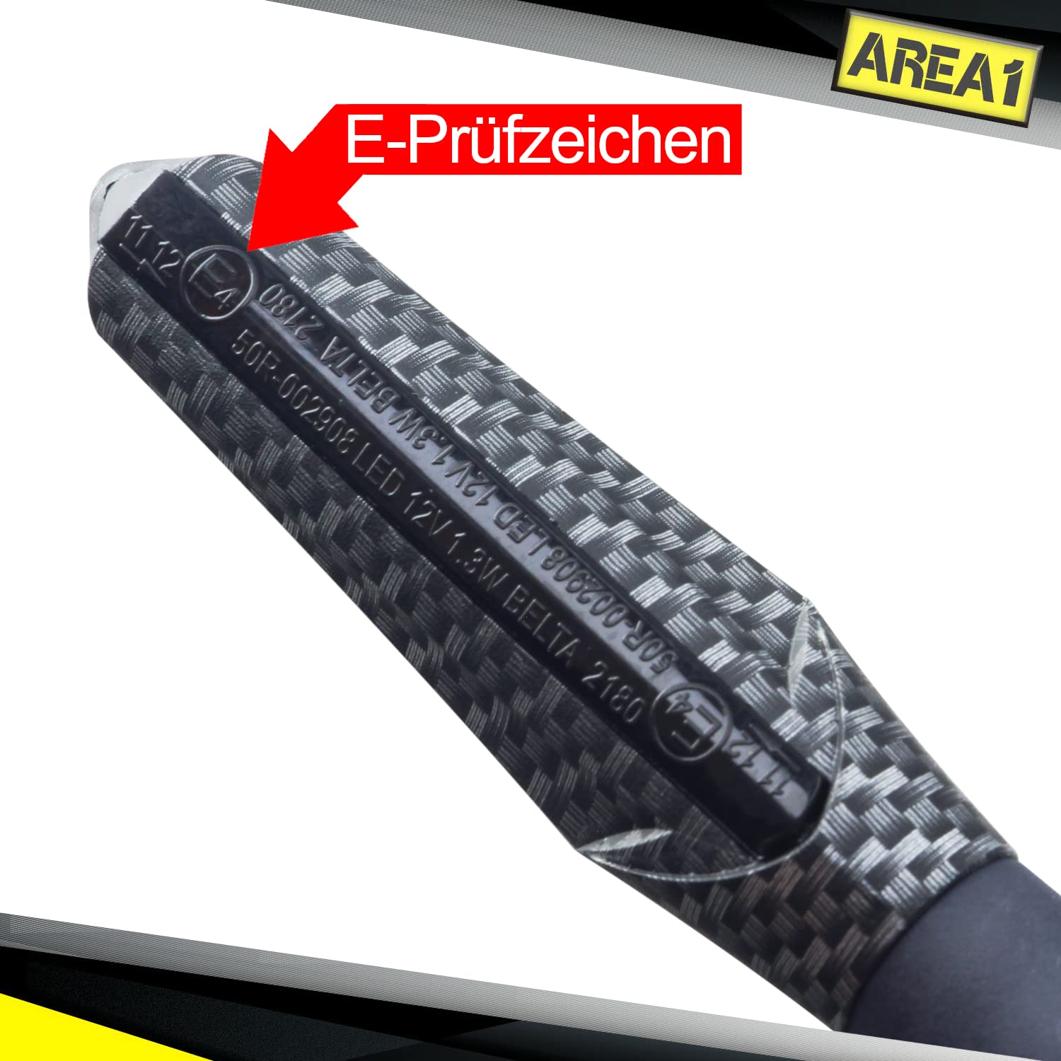 Area1 Frecce LED Moto Omologate E in Carbon Look con Effetto Scorrimento, M8, Set 2 Pezzi – Compatibili con KTM 790 Duke, 390 Duke, 690 SMC/R, MT-07, MT-09, MT-125, Z900, Z650, Z500, Z125, CMX