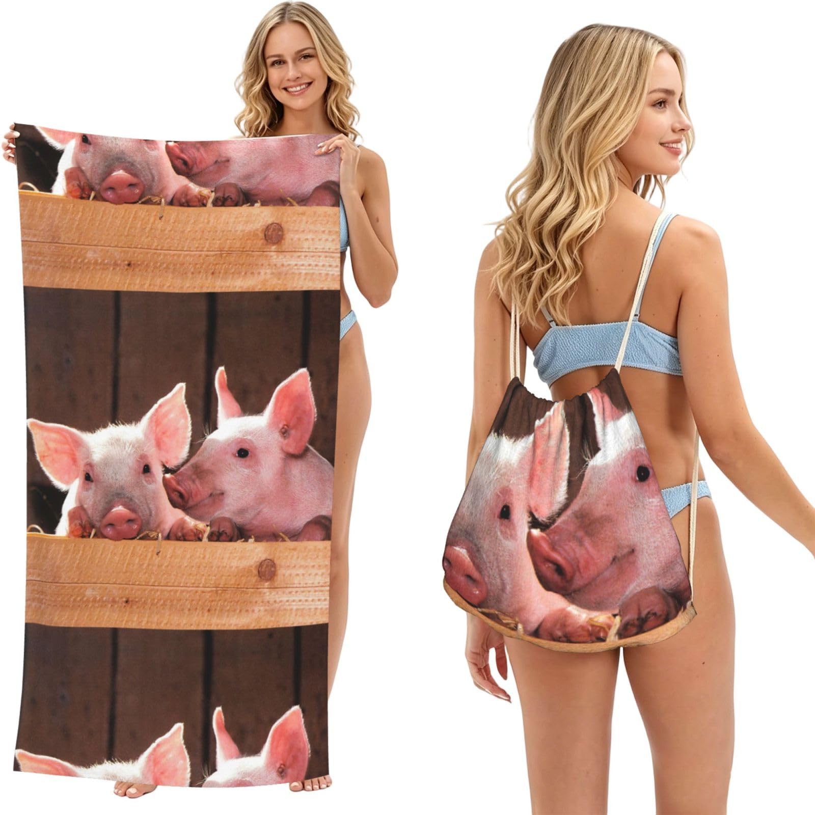 Poadnly As Picture Cute Little Pigs, 2 In 1 Packable Towel Bag, Beach Towels With Drawstring Backpack For Travel Holiday Camping