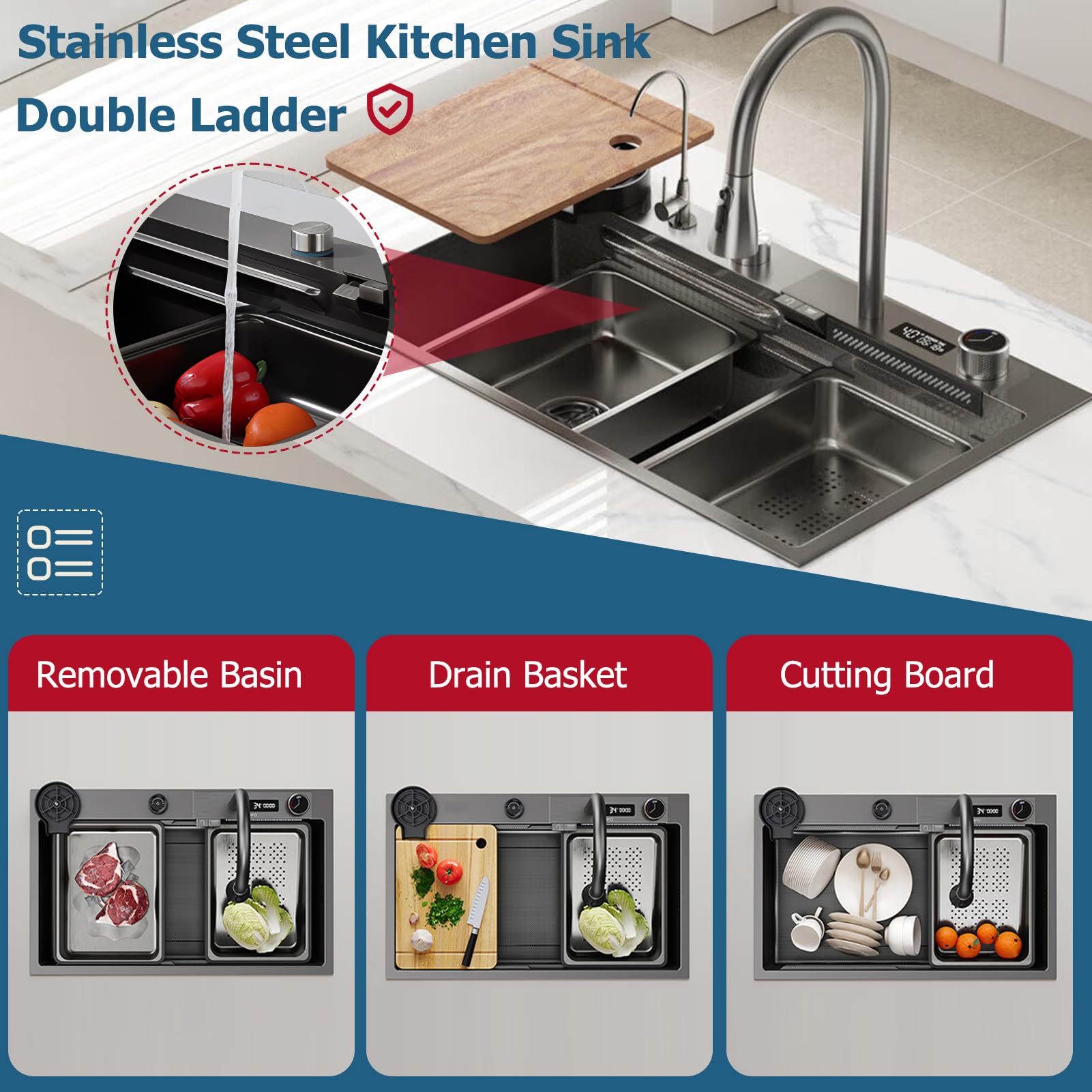 KOOGIMDDR - Lavandino da cucina con superficie di lavoro, 70 x 50 cm, dotato di rubinetto a cascata, in acciaio inox, per uso domestico, con idropulitrice, tagliere, scolapiatti e accessori