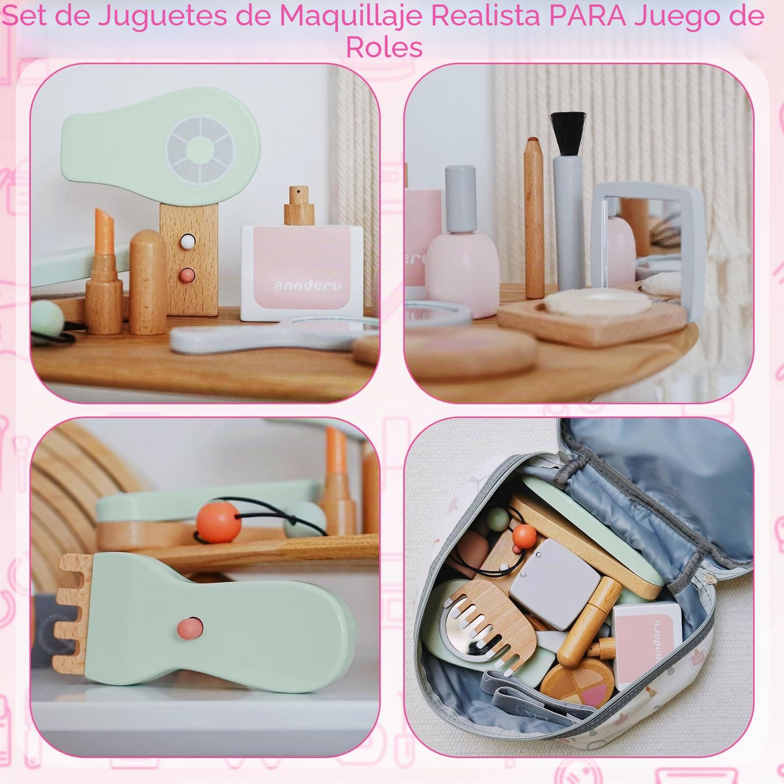 Gerbala Set Maquillaje de Madera Niña, Juguetes de Belleza de Madera, Set Maquillaje Niñas, Accesorios Tocador Infantil, Regalo de Cumpleaños de Navidad para Niñas de 3 4 5 6 7 8 Años
