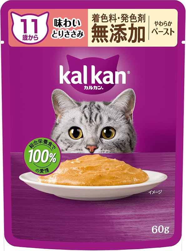 Kal Kan Pouch Paste, for Cats Aged 11 and Up, 60g x 12 Pouches, No Added Colorants or Preservatives, Savory Chicken and Sardine, Senior, Elderly, Soft Paste Wet Food, Cat Food, Complete Nutrition