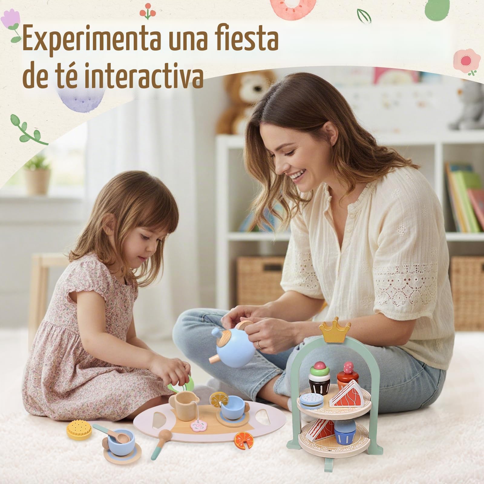 Juego de Té de Madera para Niñas, 30Pcs con Postre Comida y Tetera, Juguetes de Cocina para Juegos de rol, Regalo Infantil para Niña 3 4 5 6 7 Años