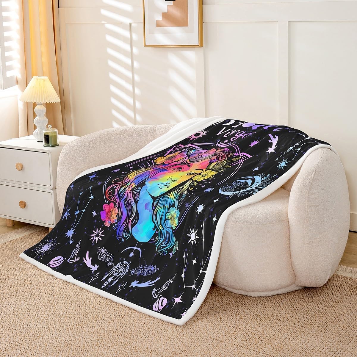 Manfei Virgo Throw Blanket 12 Constellations Zodiac Blanket for Couch Sofa, Trippy Astrology Bed Blanket for Kids Boys Girls Room Decor, Soft and Breathable Fleece Blanket(90 x 90 Inches)