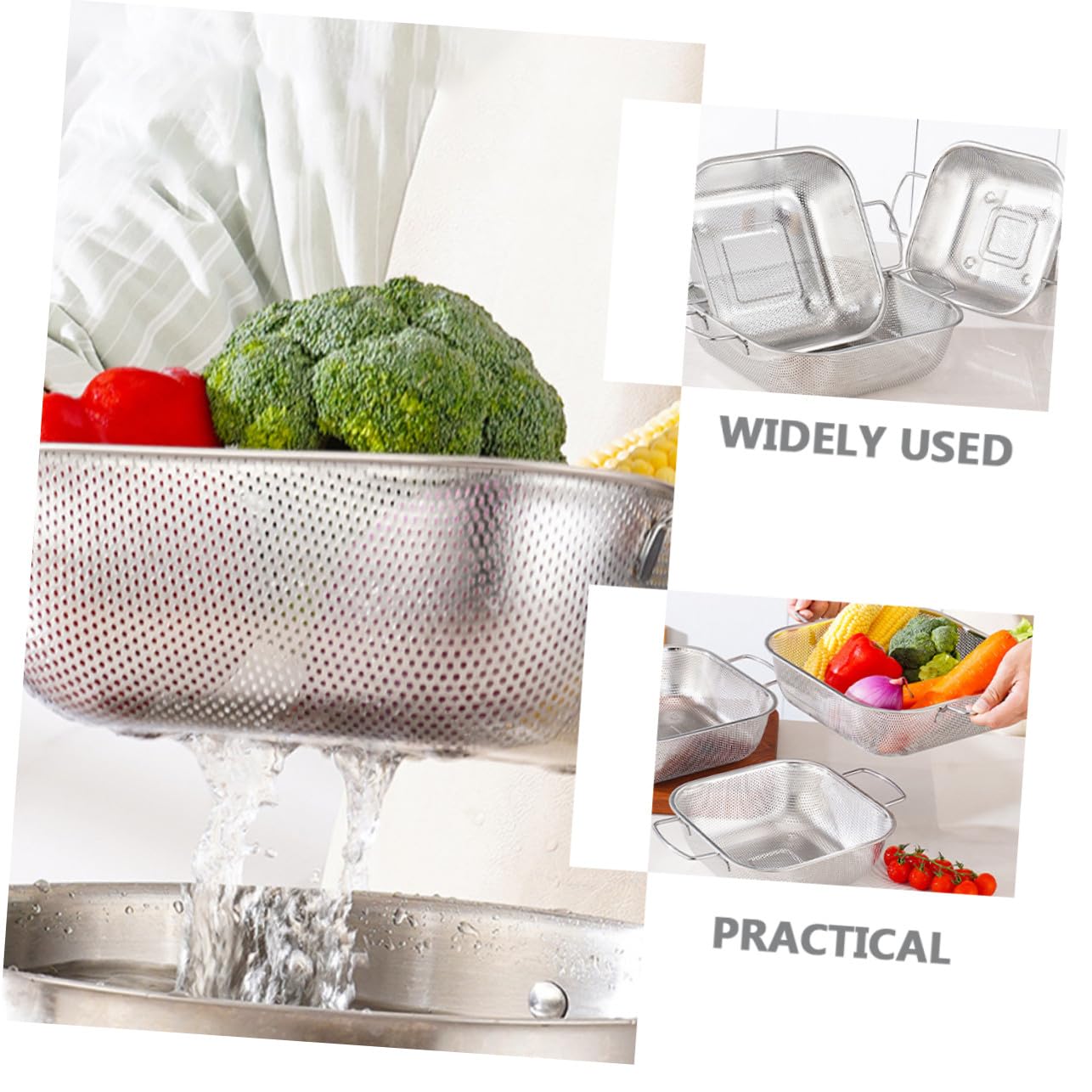 Colador de Acero Inoxidable con Asas Dobles, 1 Pieza, Plata | Gran Capacidad, Drenaje y Filtrado de Agua, Formato Cuadrado para Lavado de Frutas y Verduras
