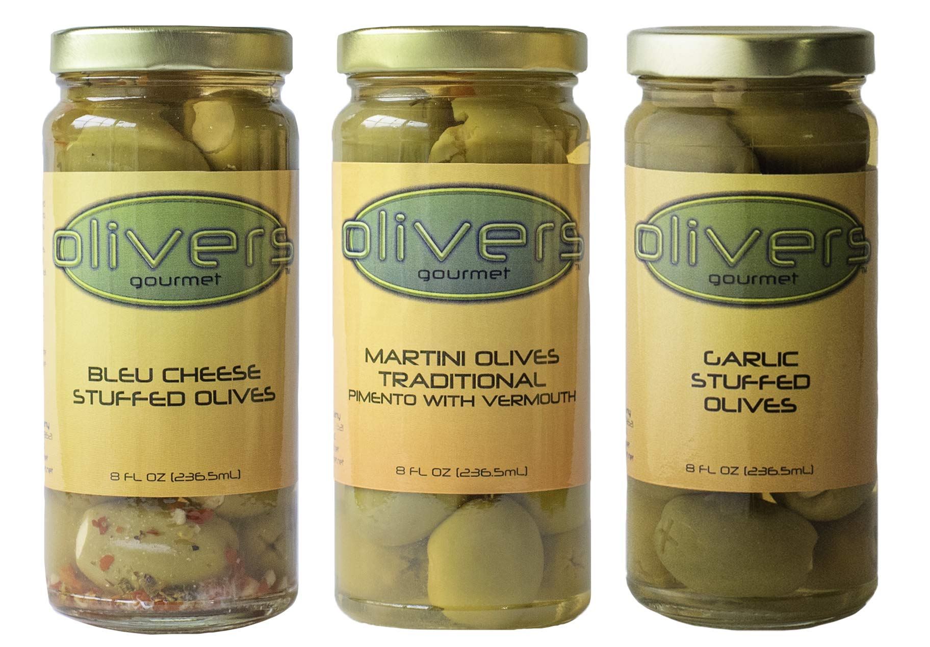 Olivers GourmetOlives Gift Set - Blue Cheese Stuffed, Garlic Stuffed and Traditional Martini Olives, Three 8 oz Jars
