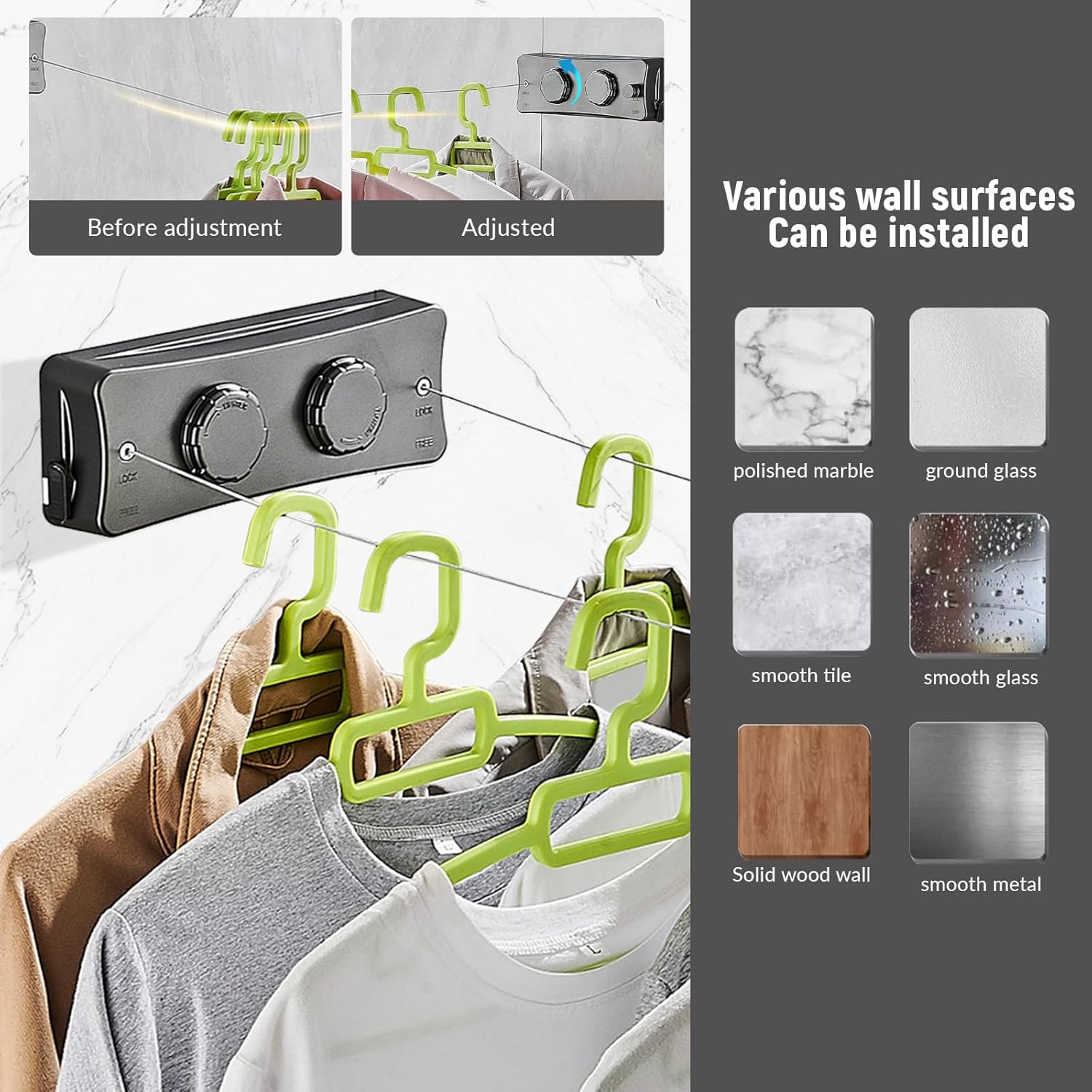 Retractable Clothesline,Indoor/Outdoor Wall Mounted Heavy Duty Clothes Drying Line with Stainless Steel Rope & Pulley System (Gray-B, Double Line)
