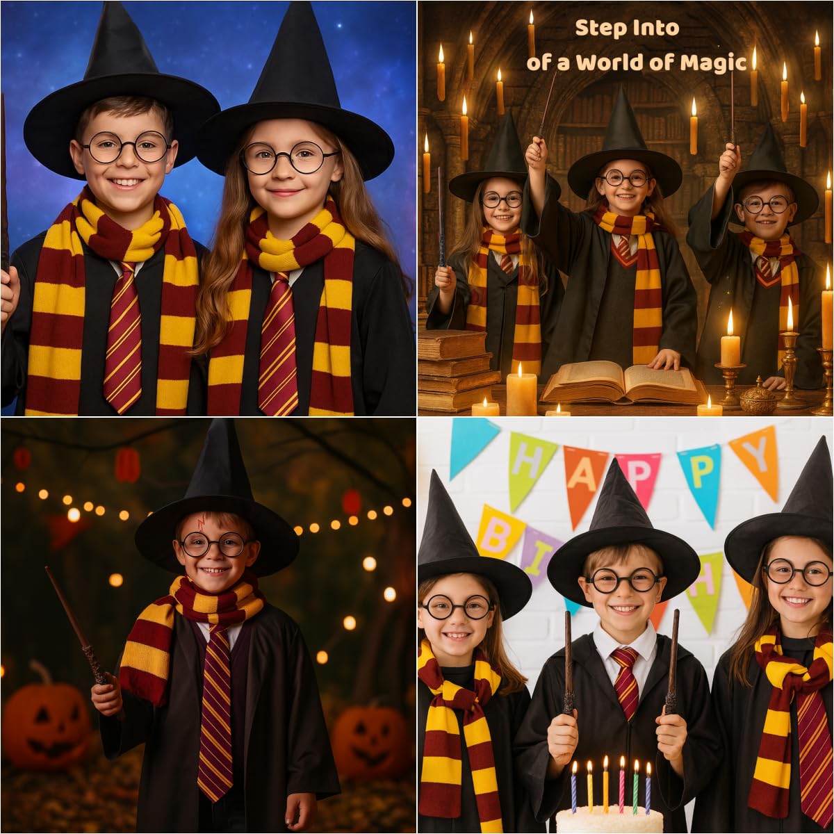 Wizard Costume Accessory Set for Boys Girls – Wizard Wand, Hat, Striped Scarf & Tie for Halloween Cosplay