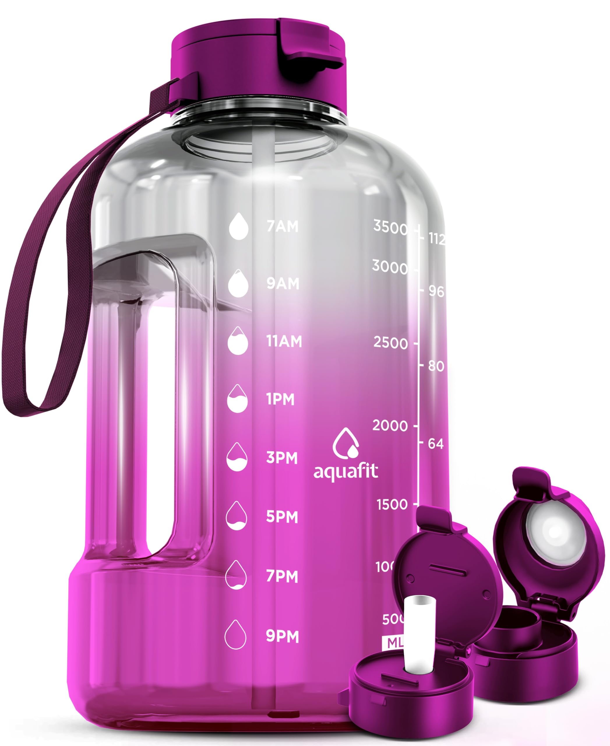 AQUAFIT 1 Gallon Water Bottle with Time Marker - 128 ounce Water Bottle with Straw - for Gym, Big Water Bottle with Handle and Straw (Pink Haze)