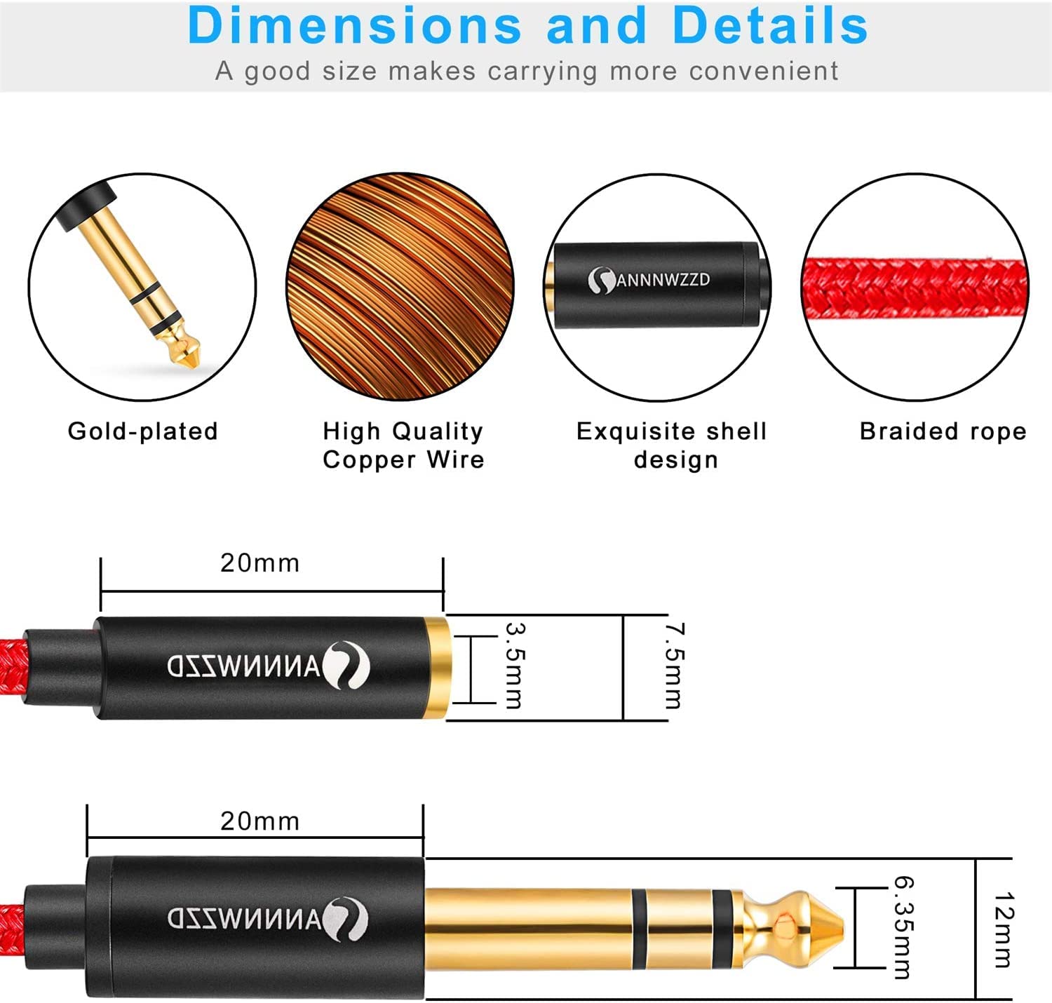 ANNNWZZD 3.5 mm to 6.35 mm Cable,6.35mm Male(1/4 inch) to 3.5mm Female (1/8 inch) Headphone Jack Adapter for Mixer Guitar Piano Amplifier Speaker and More (3ft)