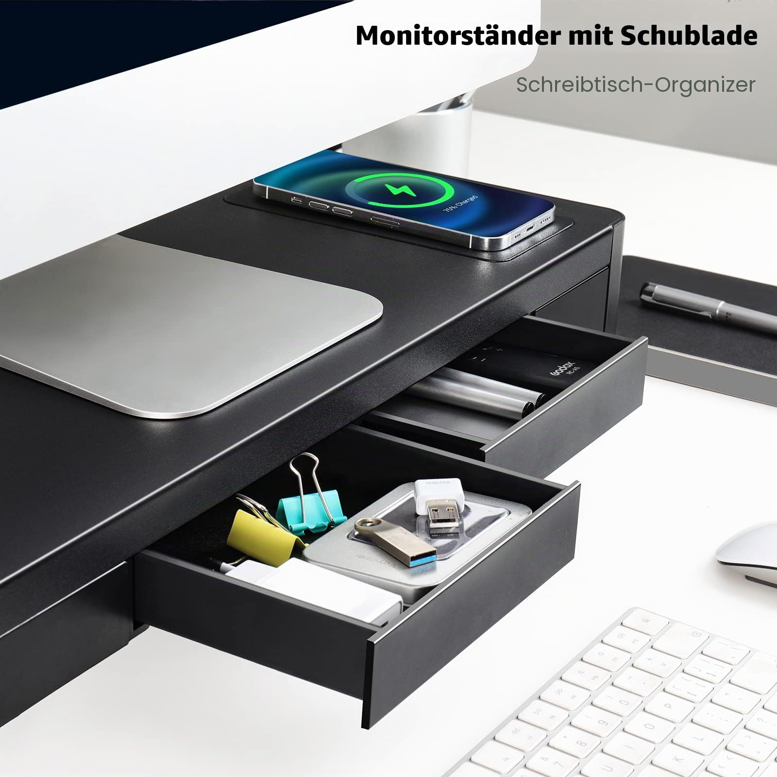 meatanty Monitorständer mit Schublade, USB und kabellosem Laden | Metallständer mit 4-Port-USB-Hub für PC, Notebook oder Drucker und praktische Schreibtischorganisation.