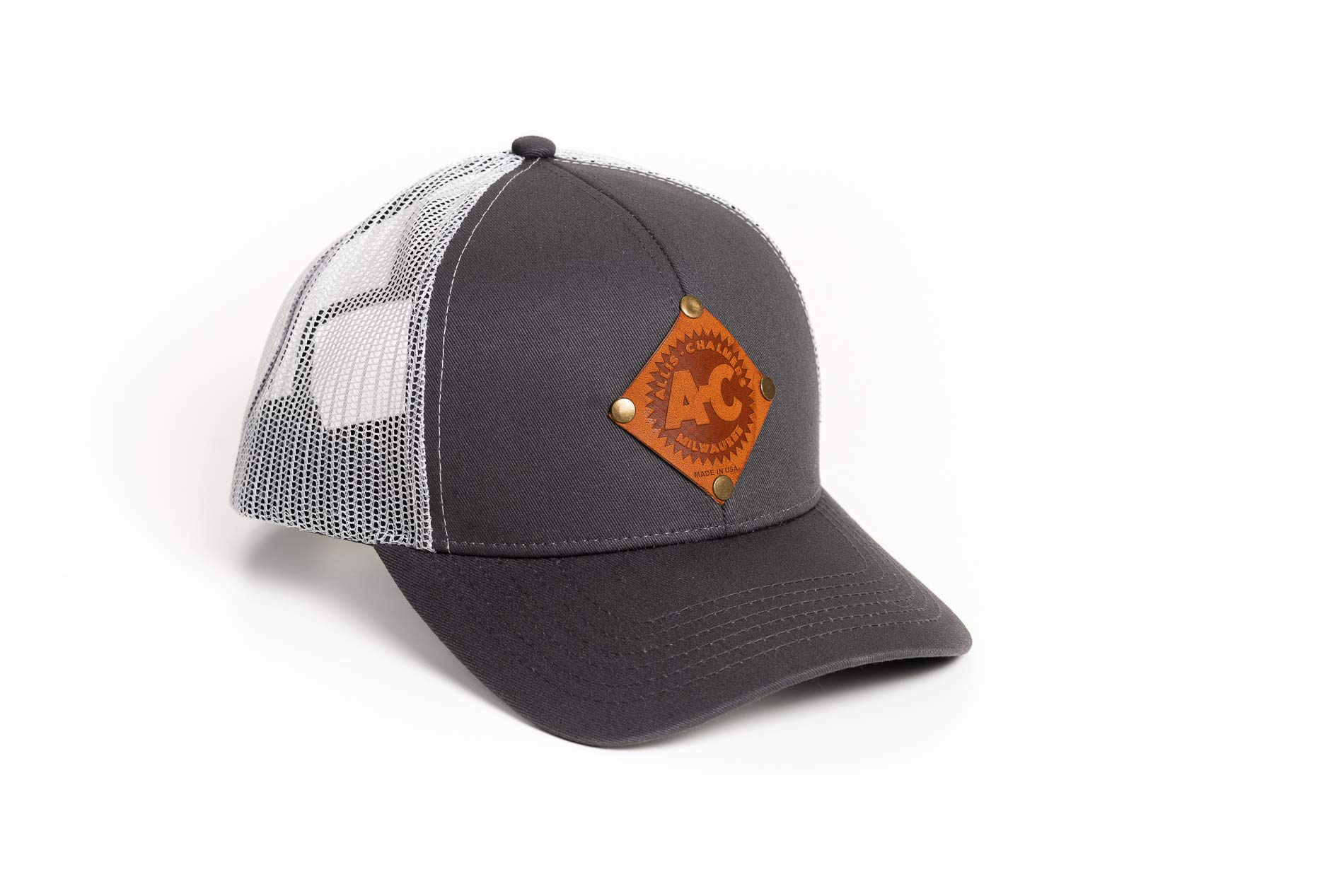 Allis Chalmers Tractor Hat with Leather Emblem, Gray/White Mesh, Vintage Logo