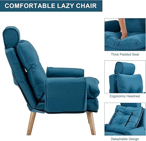 Miniatura 6 de TUKAILAi Silla decorativa moderna con otomana, sillón tapizado de tela de lino con respaldo ajustable, cómodo sofá con reposapiés para sala de estar