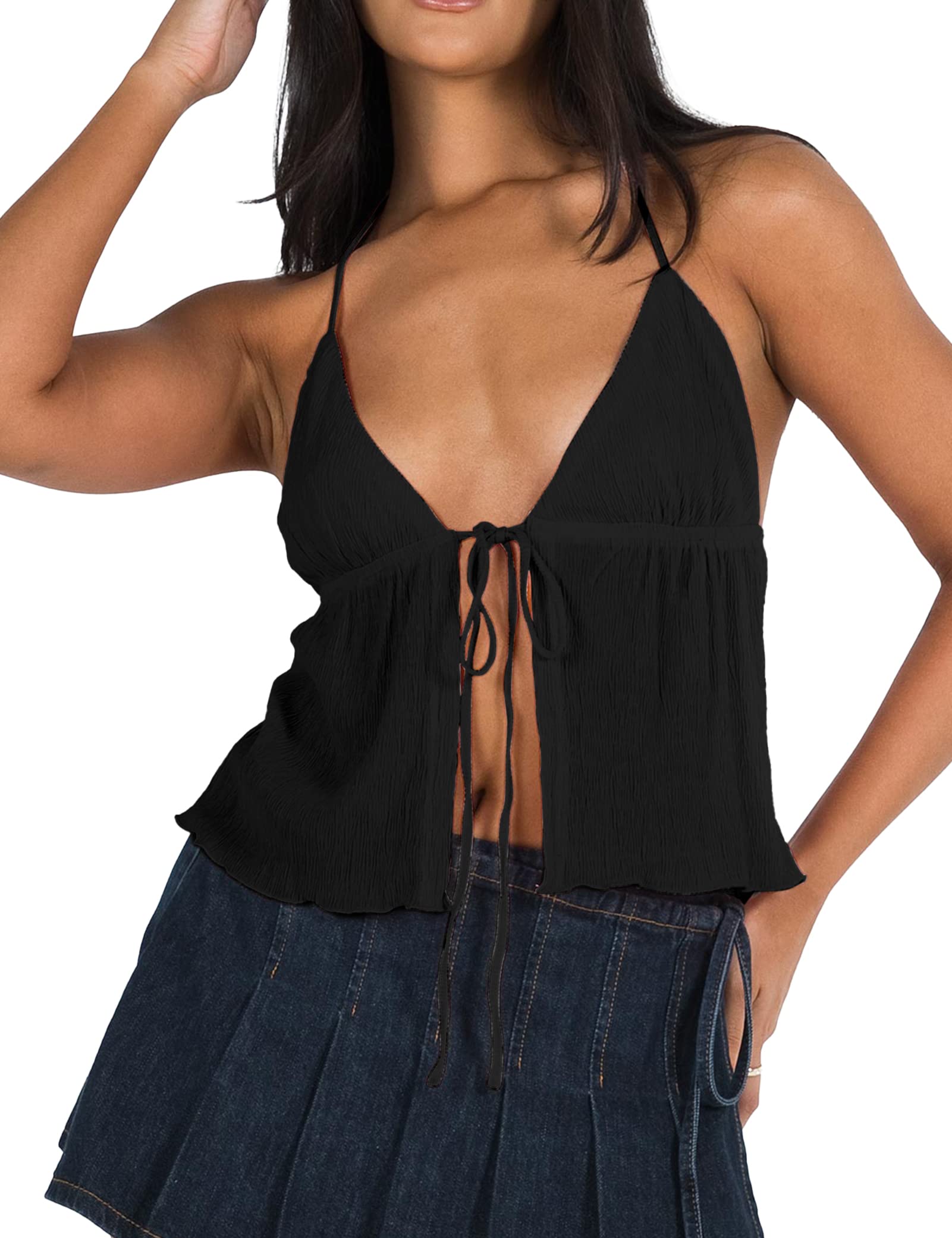 ISZPLUSH Women Sexy Halterneck Y2k Tops Slit Front Tie Crop Tops Sleeveless Spaghetti Strap Vests Slim Fit Strappy Tank Tops