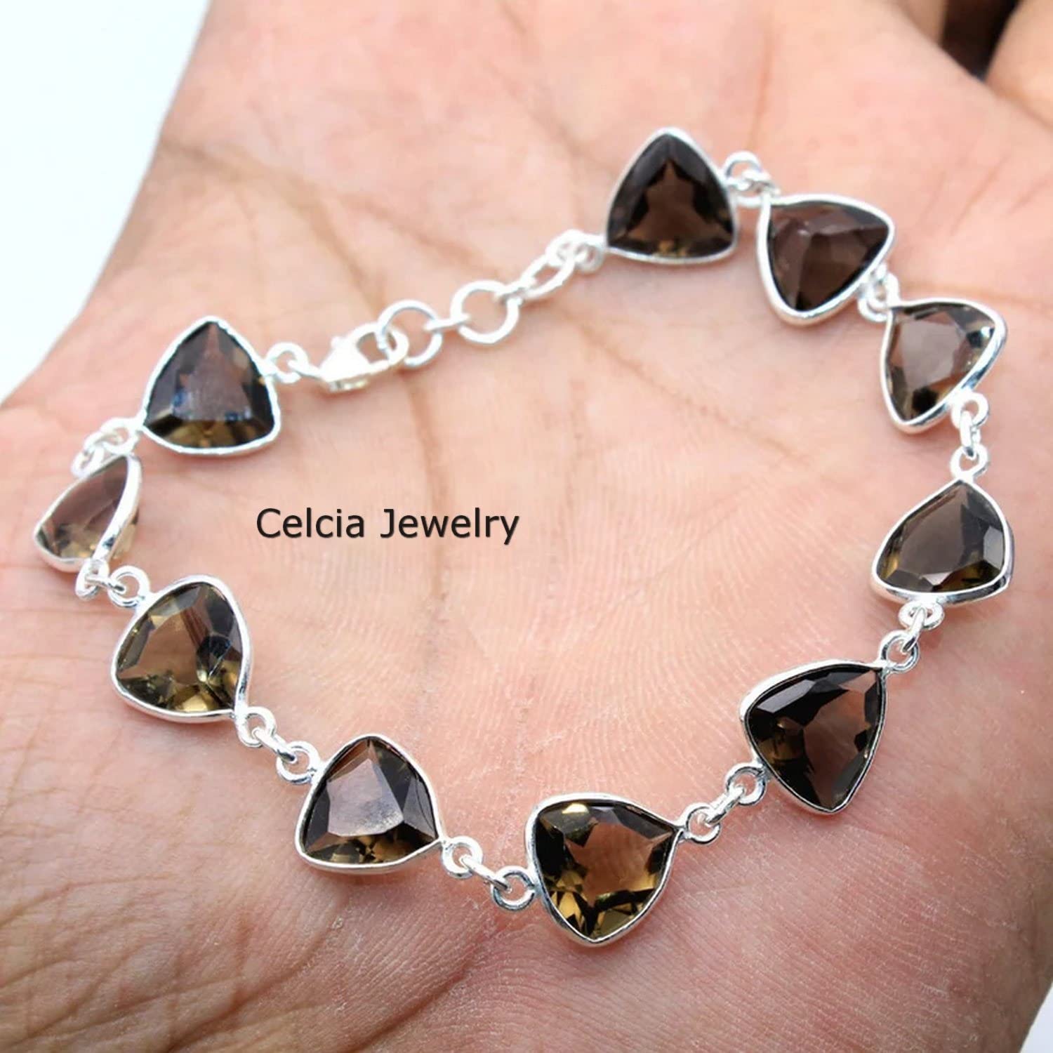 Pulsera de plata de ley 925 para mujeres y niñas, pulsera de cuarzo ahumado, pulsera artesanal única de piedras preciosas para ella o él