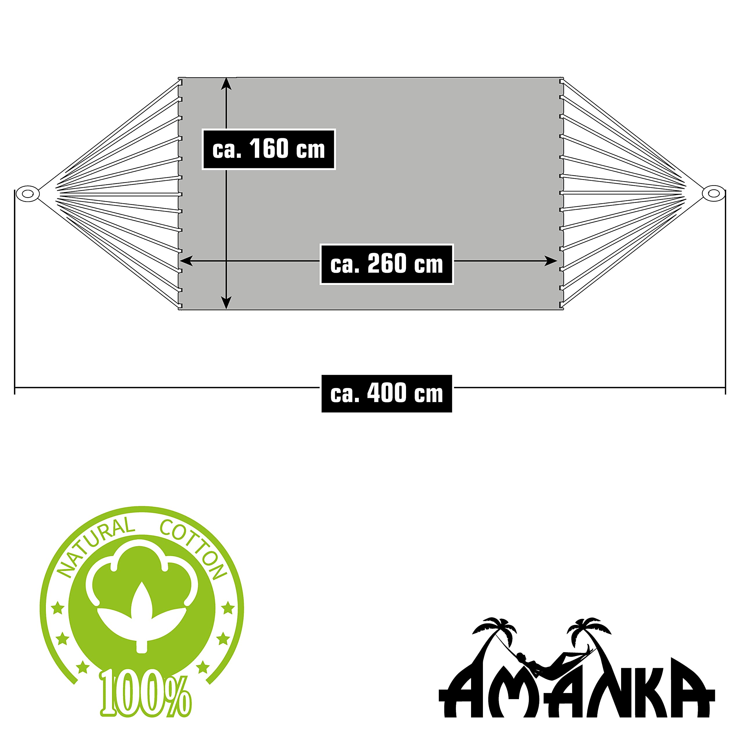 AMANKA Hamac en Coton XXL pour Deux Personnes - 400x160cm - Jusqu'à 150kg - Tissu de Détente pour Jardin Maison Plage Campagne Montagne - Accessoire de Repos Durable - Usage Extérieur Intérieur