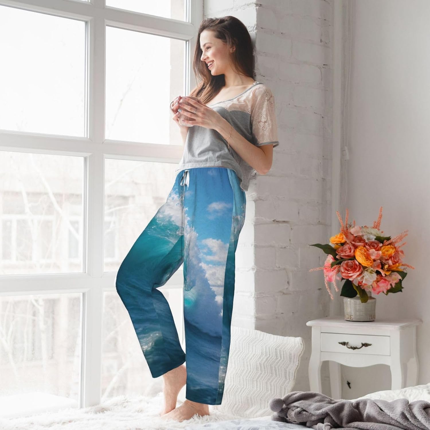 Ocean Sea Wave Print Cozy Christmas Pajama Pants,Flannel Pajama Bottoms,Cater To Various Body Types