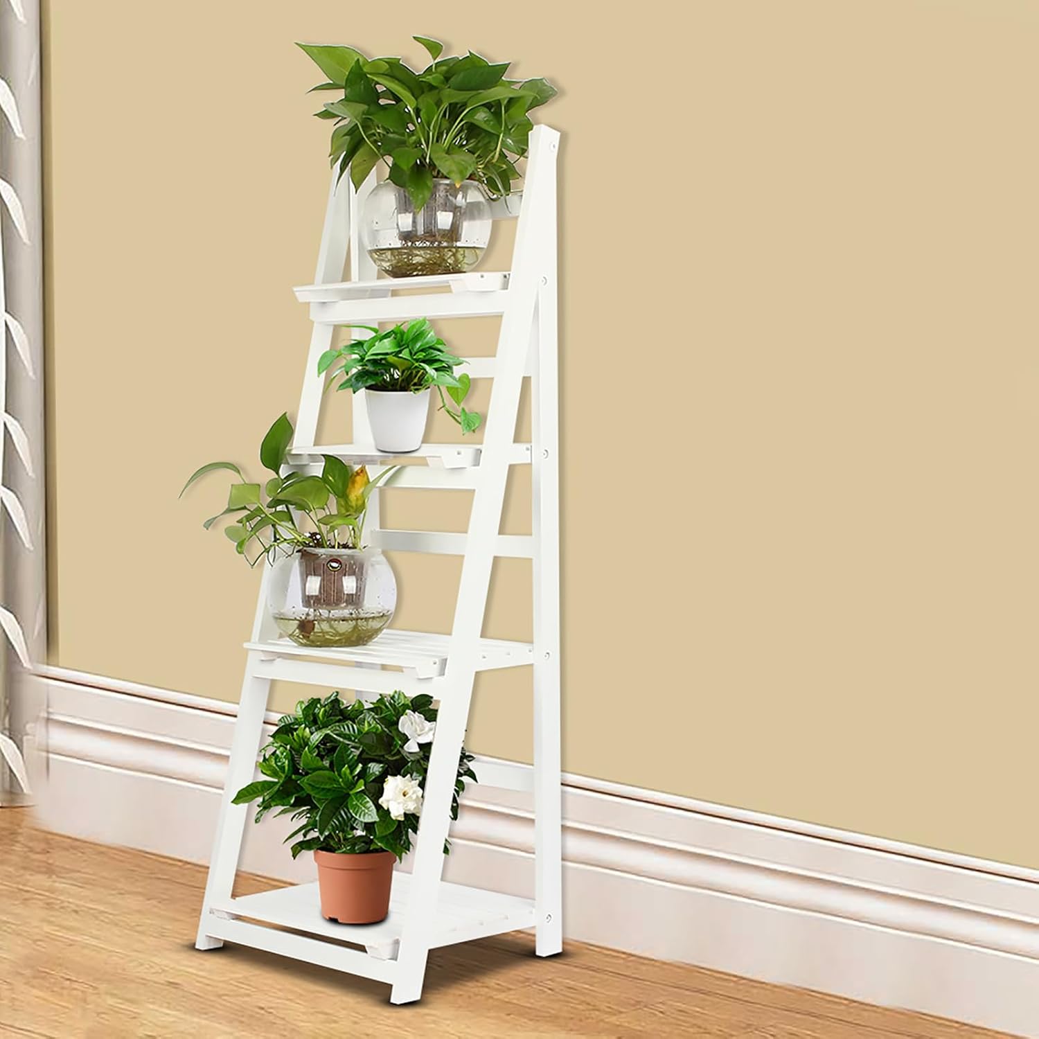 ZJchao Ladder Shelf, Display Unit of 4 Levels Bookcase of Houses Stand Plant Storage Shelving Unit Folding Bookcase with 16.5 x 13.7 x 44.3 (White)