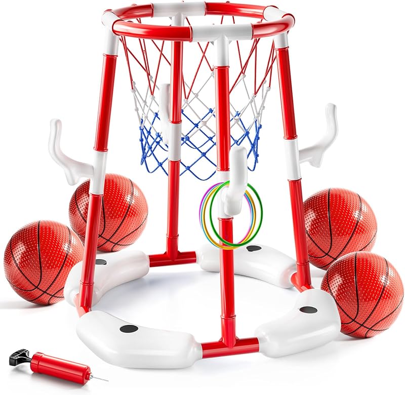 juguetes de aro de baloncesto para pileta, juegos de pileta de aro de baloncesto flotante 2 en 1, rojo | 4 bolas/12 anillos/bomba, juegos de pileta para niños de 4 a 8 años, 8 a 12 años, juguetes de agua al aire libre para fiesta familiar de verano