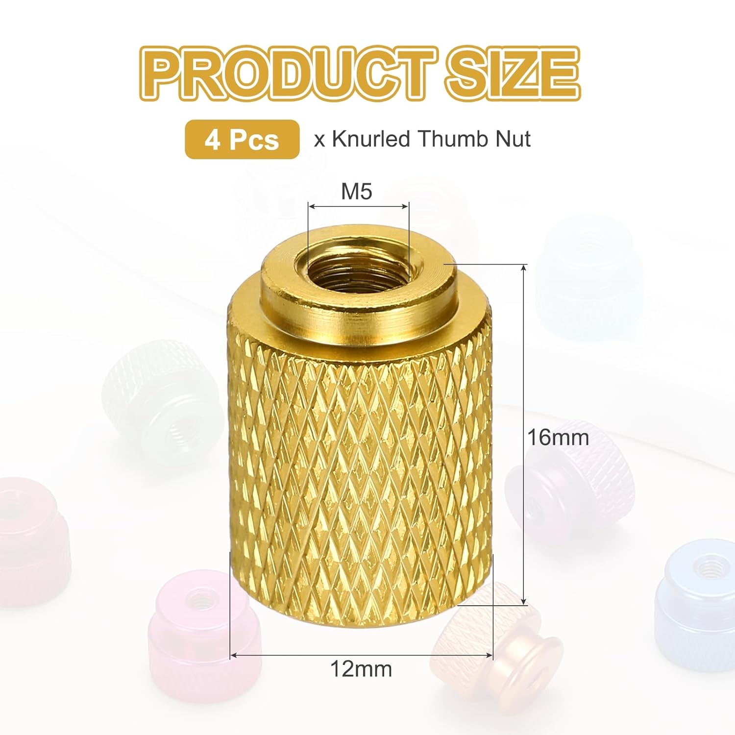 Pack of 4 Aluminium Alloy Knurled Nuts M5 x 12 x 16 mm, Long Knurled Nut Metal Handle Nut Thread Adapter for Electronic Devices Industrial Machine Assembly, Gold