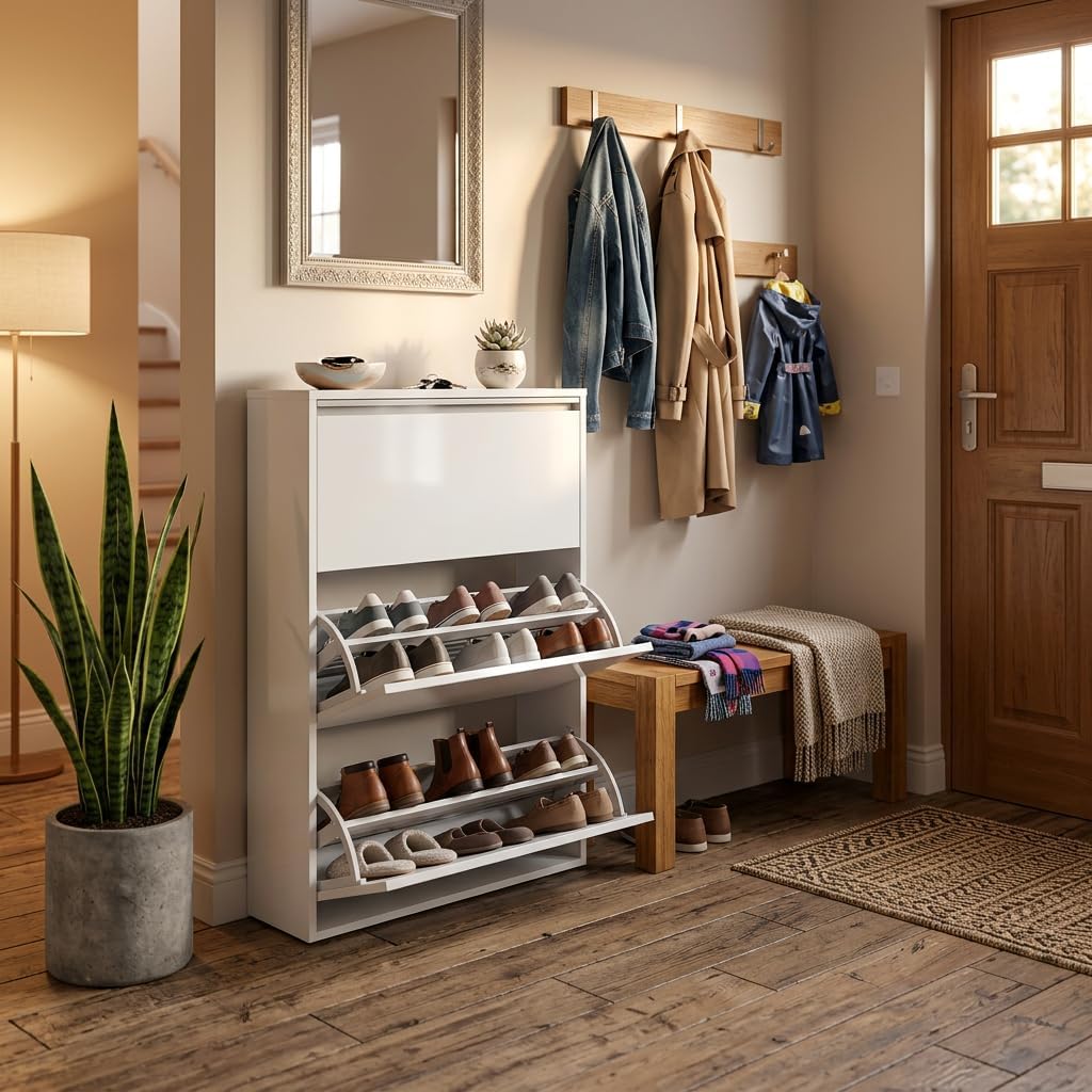 Metal Shoe Cabinet with 3 Flip Drawers, Slim Shoe Storage Cabinet for Entryway, Hidden Shoe Organizer Cabinet for Small Spaces, Modern Shoe Rack Cabinet with Doors for Hallway