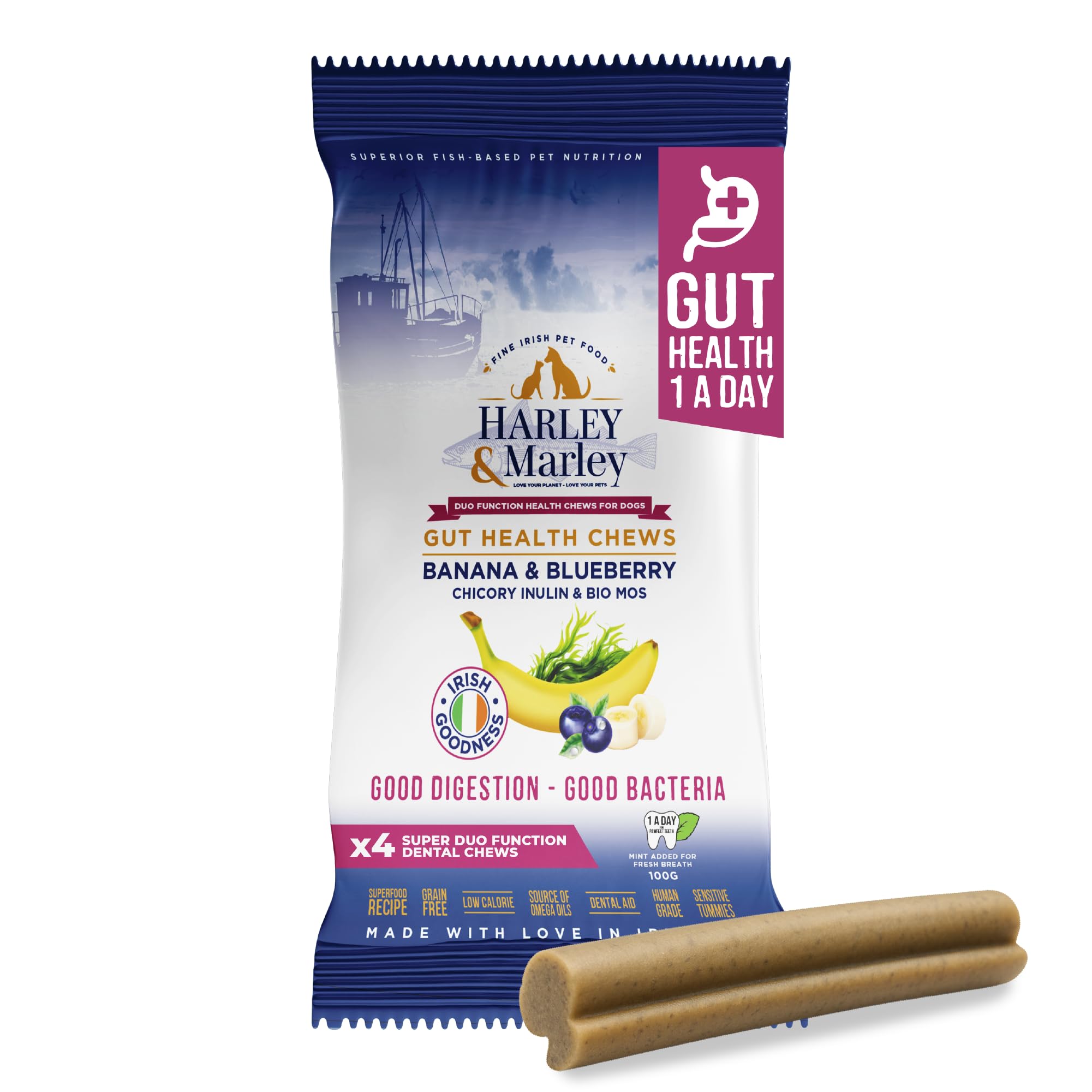 Harley & Marley Gut Duo Function Health Chews for Dogs - Dog Digestive Supplements with Fibre, Prebiotics & Biotics - Banana & Blueberry Recipe - Supports Teeth & Gums - 1pk (4/pk)