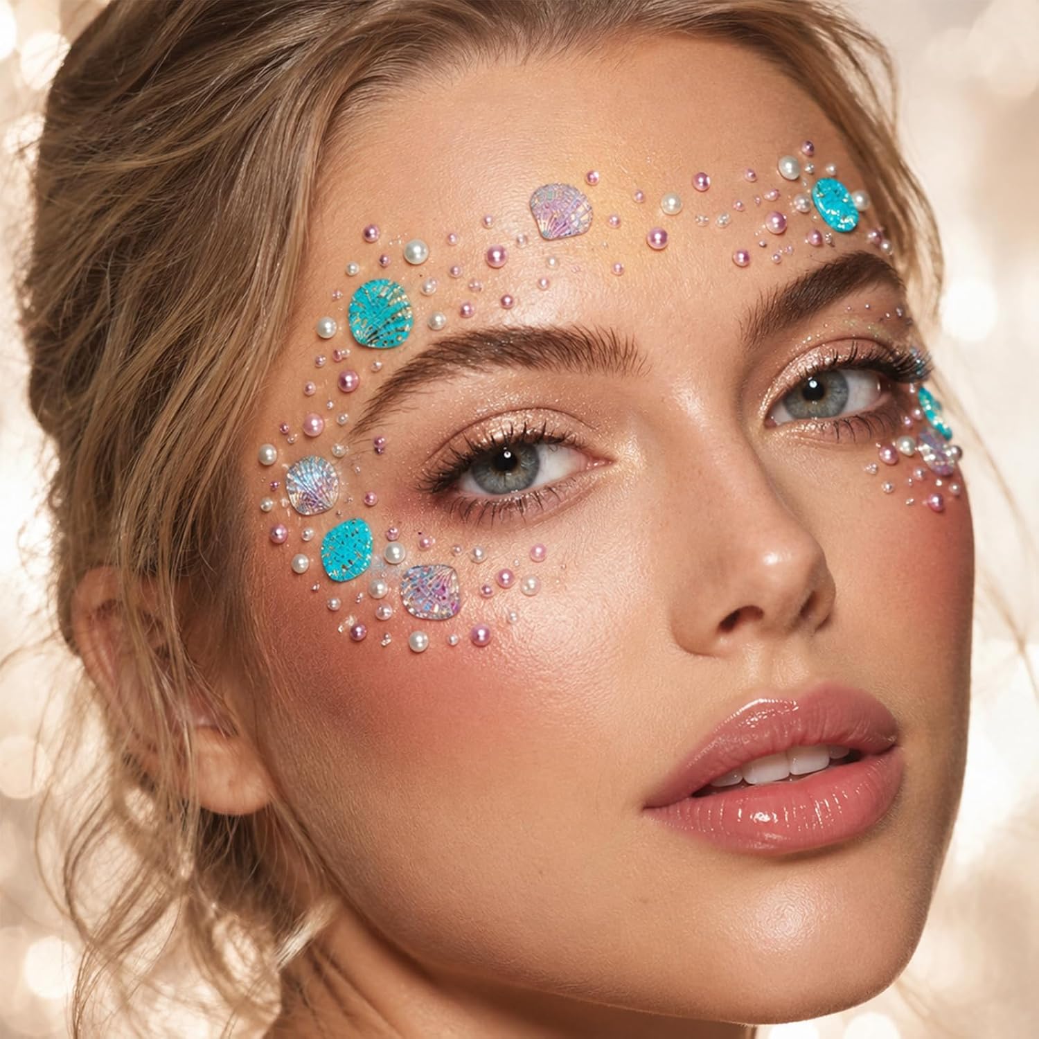 Dreamy Pearl Seashell Face Gems Aurora Ocean Sea Shell Face Jewels Pearl Stickers Summer Marine Mermaid Diamond Rhinestone Gem Stickers Festival Makeup Body Eye Hair Gems Decal Decor Craft Supplies