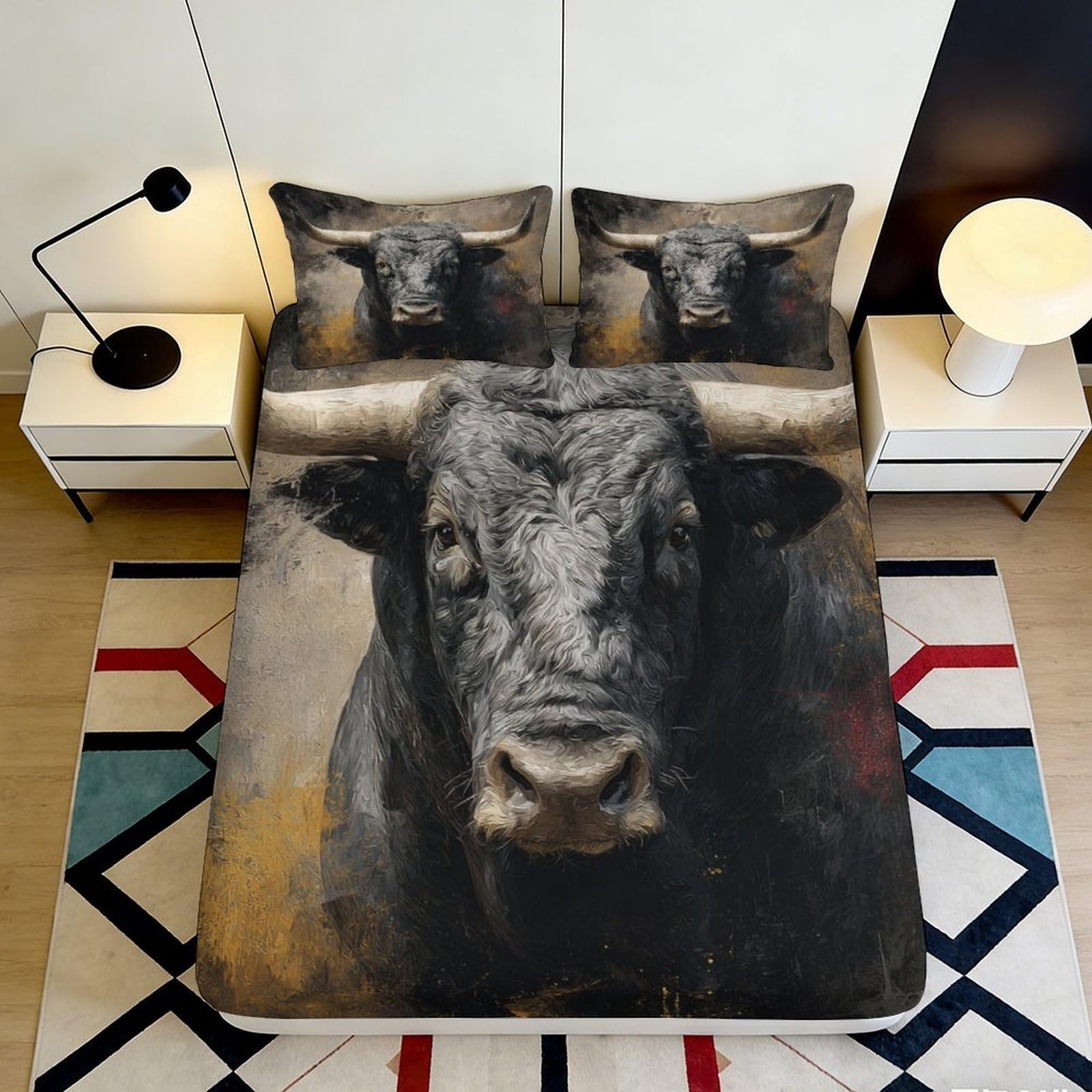 Pnayamiorkfel Style-8 3D Printed Bull Head Fitted Sheet Microfiber Artistic Animal Mattress Cover For Bedroom Dorm Decorative Protection 90X200x25cm