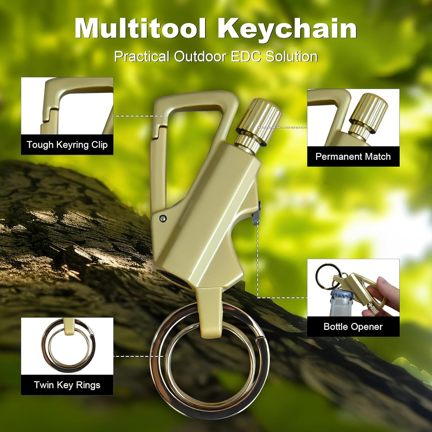 2 pack permanent match infinity lighter, permanent match infinity lighter with multitool keychain bottle opener, keychain multitool for camping & hiking, gift for man gold and grey