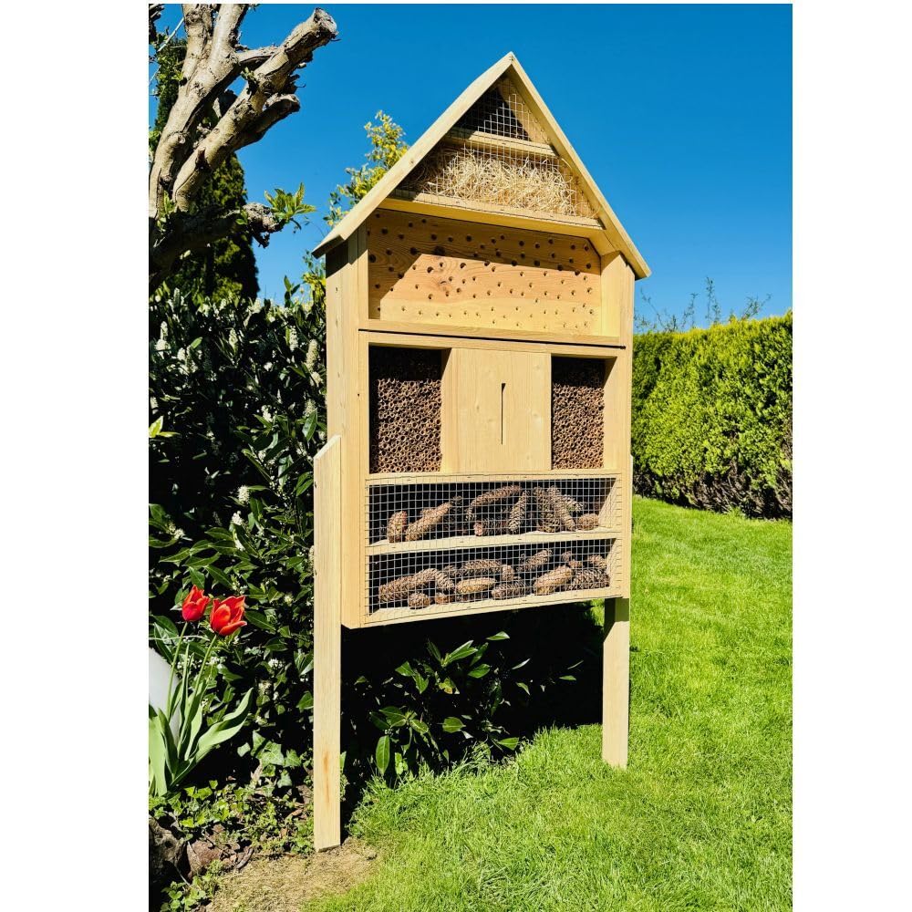 Casetta per insetti da giardino in legno, XXL per api selvatiche, in legno, con supporto, 110 x 79 x 16 cm (altezza x larghezza x profondità), per insetti, resistente alle intemperie, 6 piani