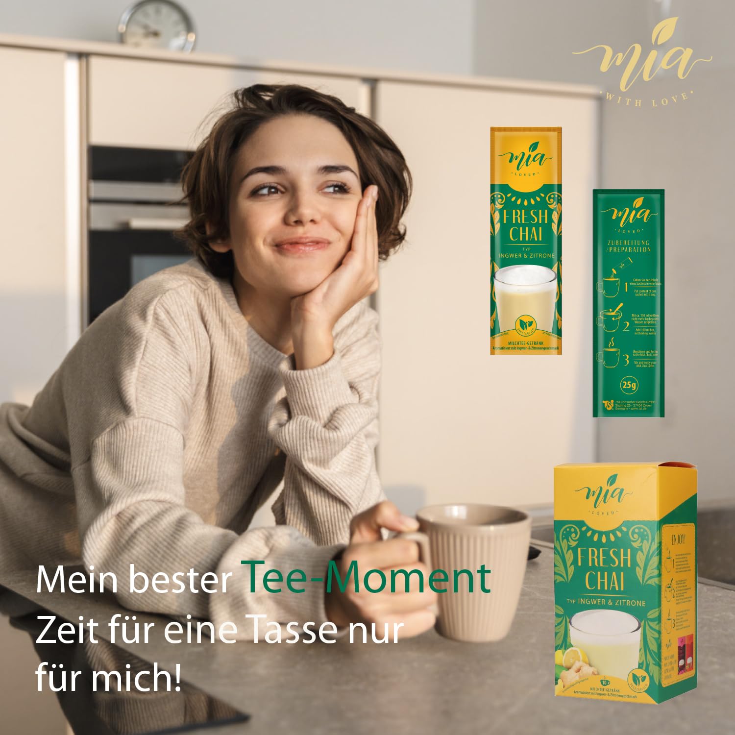 MIA Fresh Chai Ingwer & Zitrone Milchtee Getränkepulver, 16er Pack x (10 Sticks x 25g), einfache Zubereitung, löslich, 160 Tassen, Vorratspackung