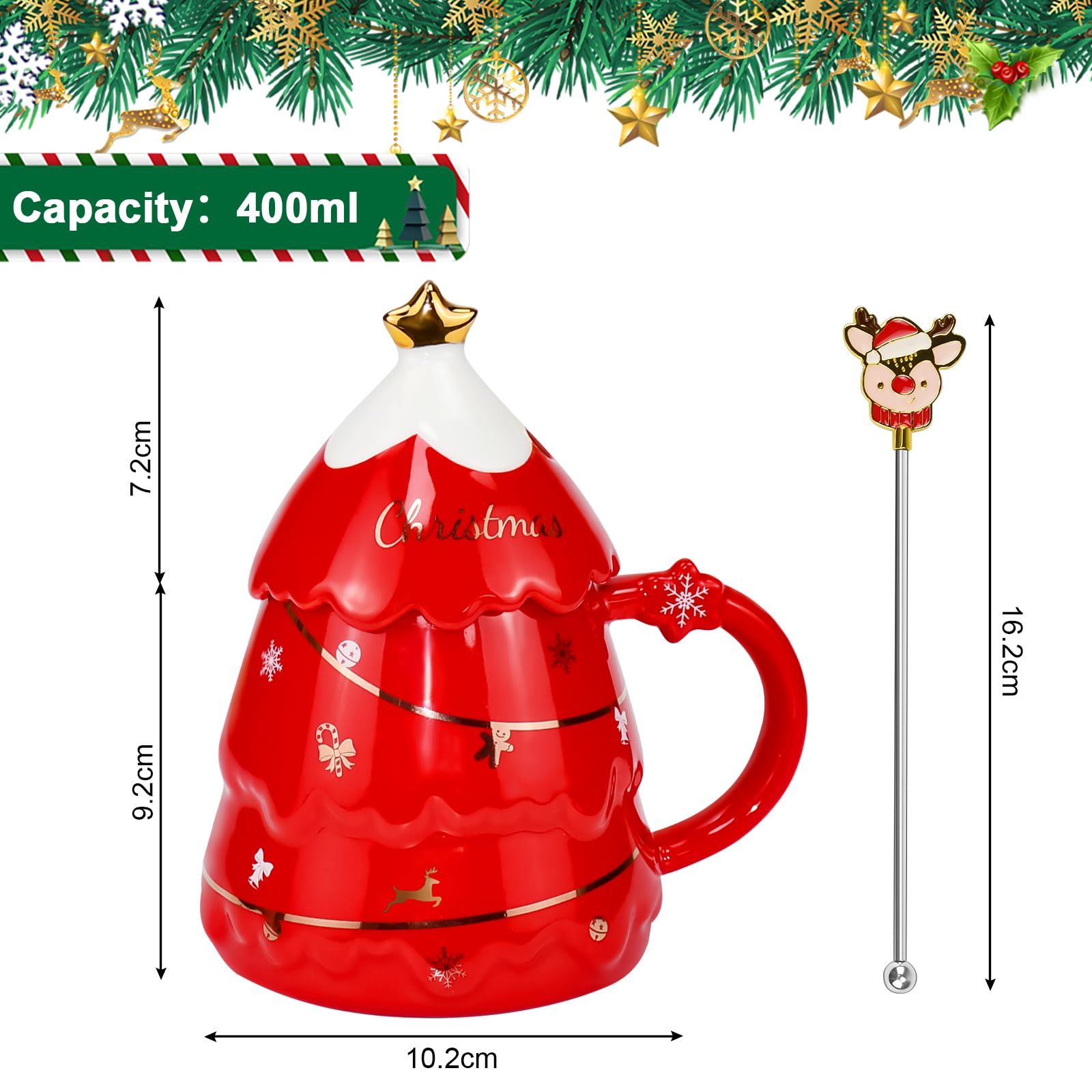 MAGICVOGEL Tazza di Natale in ceramica, carina 3D, forma di albero di Natale, tazza di Natale, con agitatore, dolce tazza da caffè, regalo per Natale, compleanno, Capodanno (rosso
