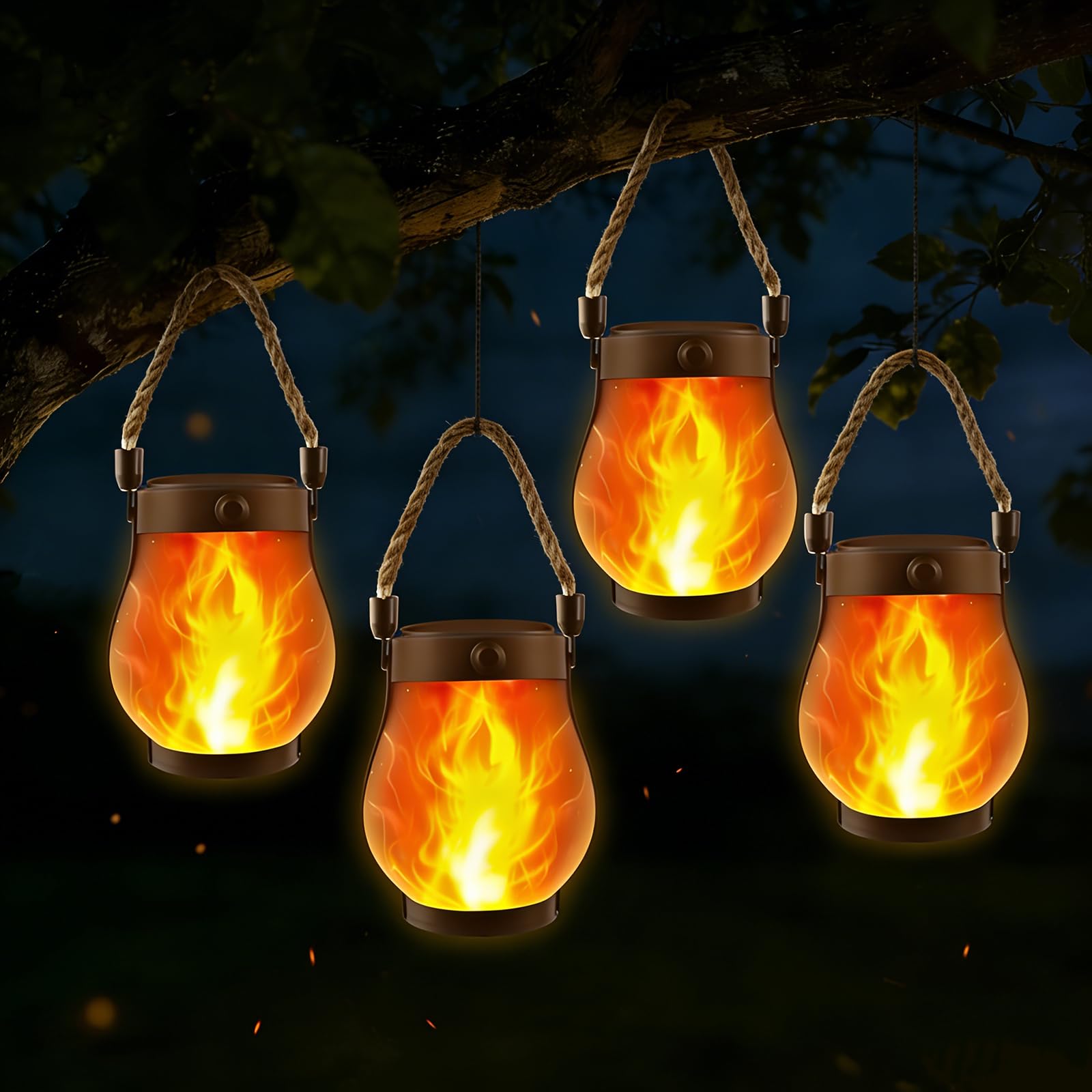 Farolillos Solares Exterior IP65 Impermeable, 4 piezas Luces LED Efecto Llama Realista para Jardín, Terraza, Patio, Valla, Camino, Pared con Soporte, Decoración Nocturna y Ahorro Energético