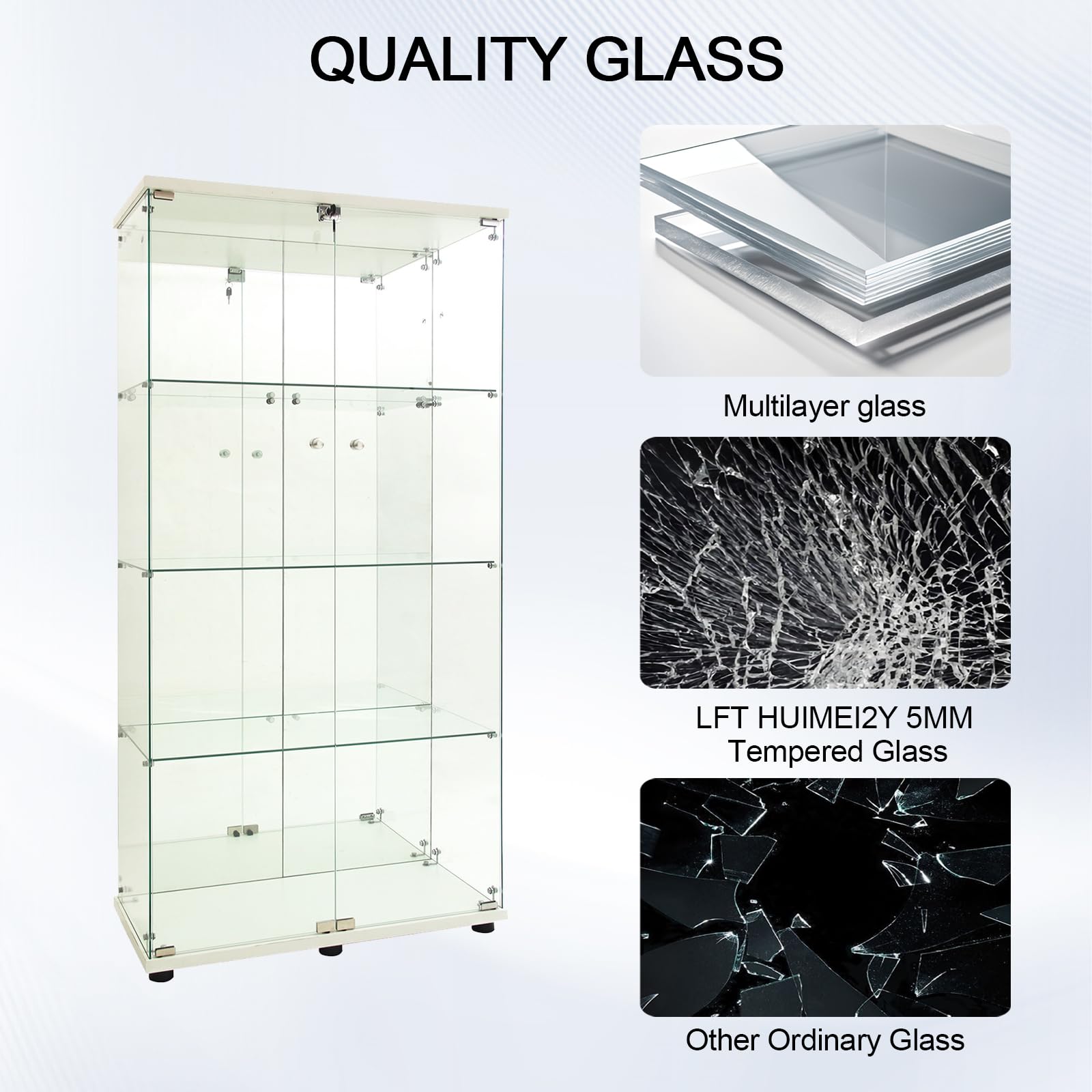 Vitrina de cristal con LED, Vitrina de colección modelo con 2 puertas y 4 estantes, puerta con cerradura, Vitrina de cristal transparente Pasillo, Mueble bar de salón(Blanco G, LED de dos puertas)