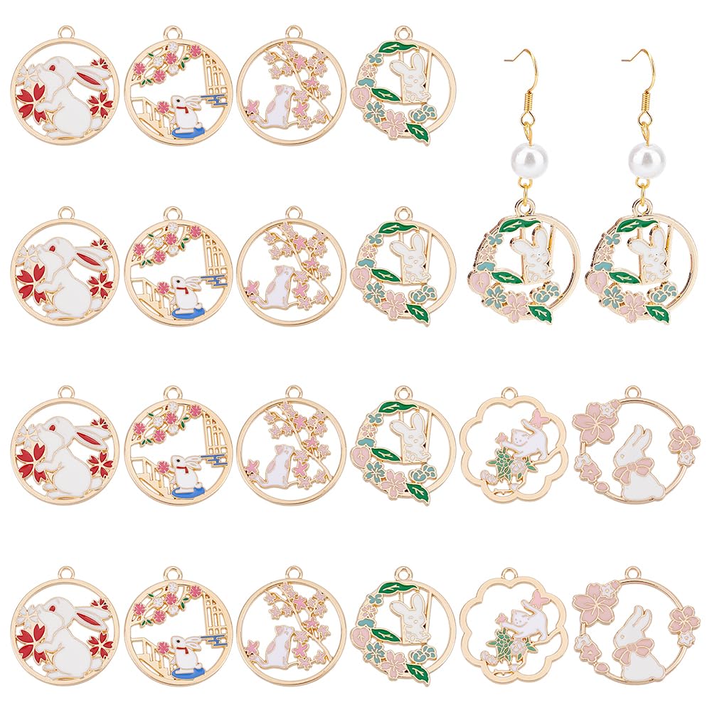 UNICRAFTALE 24Pcs 6 Styles Rabbit Bunny Charms Enamel Flower Rabbit Charm Colorful Metal Animal Charms Pink Leaves Hollow Round Pendant for Summer Necklace Earring Jewelry Making Crafts