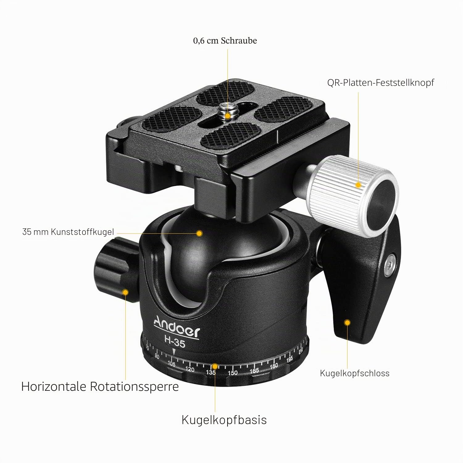 Andoer Kugelkopf Stativkopf mit Schwerlast Fotografie Kamera Stativ Stativköpfe,maximale Belastung 15 kg,Schnellwechselplatte 1/4 Zoll Schraube