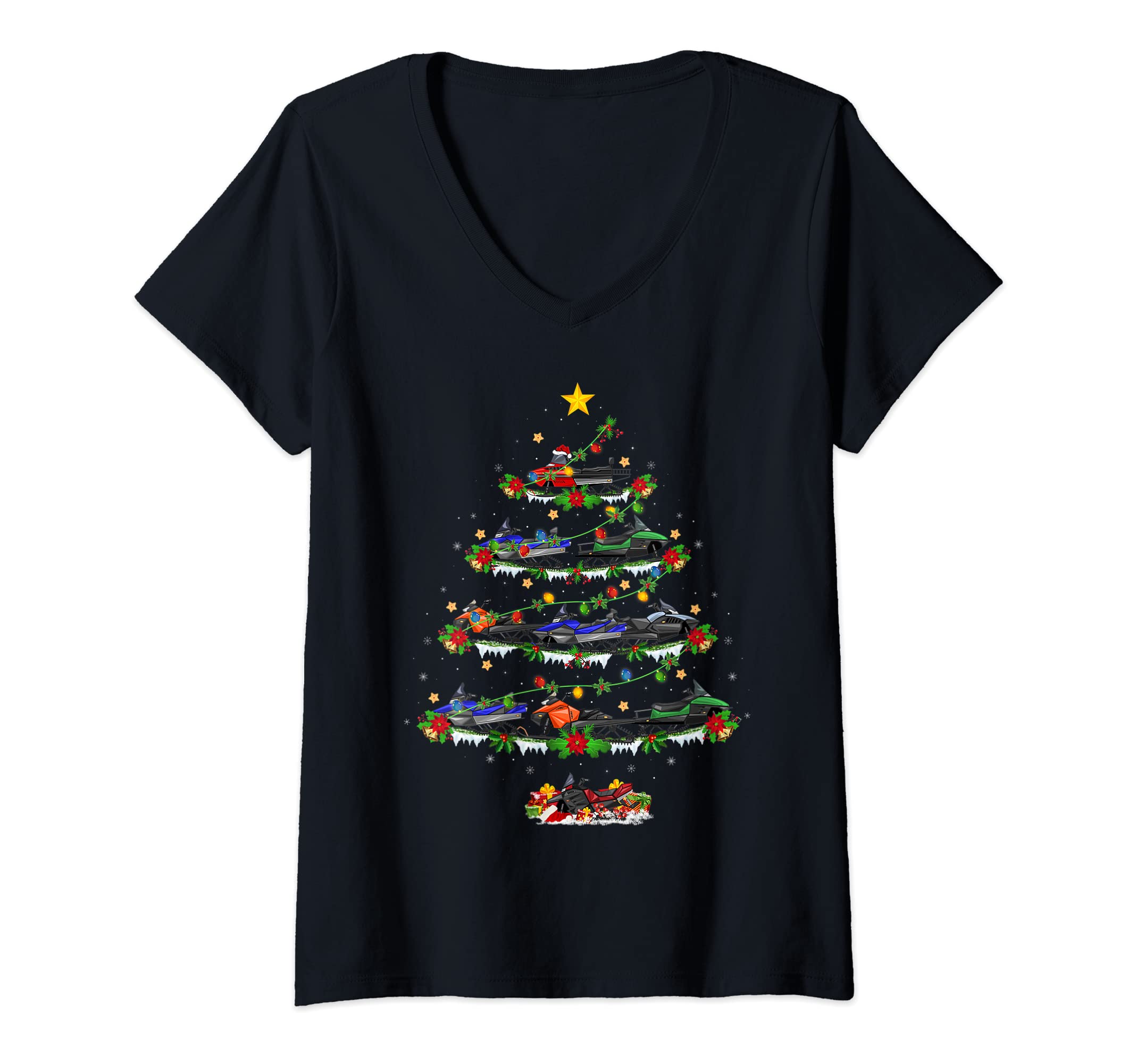 Womens Snowmobiling Lover Xmas Lighting Snowmobiling Christmas Tree V-Neck T-Shirt