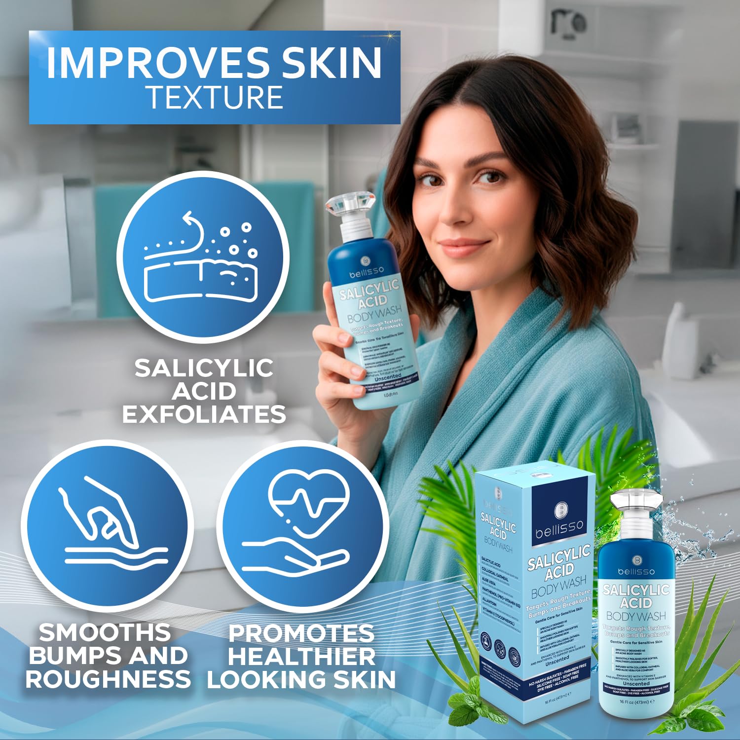 BELLISSO Salicylic Acid Body Wash - Men's and Women's Exfoliating Liquid Soap for Back Acne and KP - For Oily and Sensitive Skin - Sulfate Free Formula - 16 Fl Oz